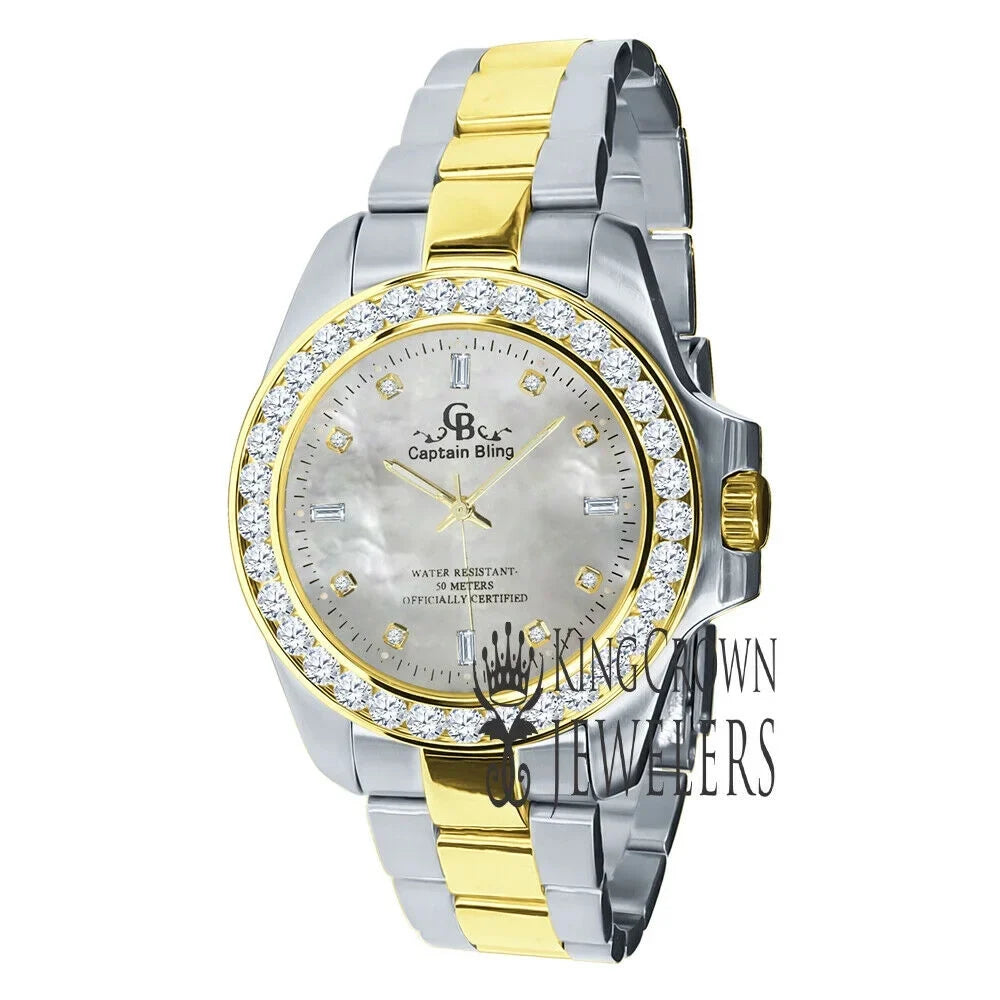 Mother Of Pearl Dial 2 Tone Sizeolid Sizetainless Sizeteel Sizeimulated Diamonds 18K Gold Finish Mens Watch