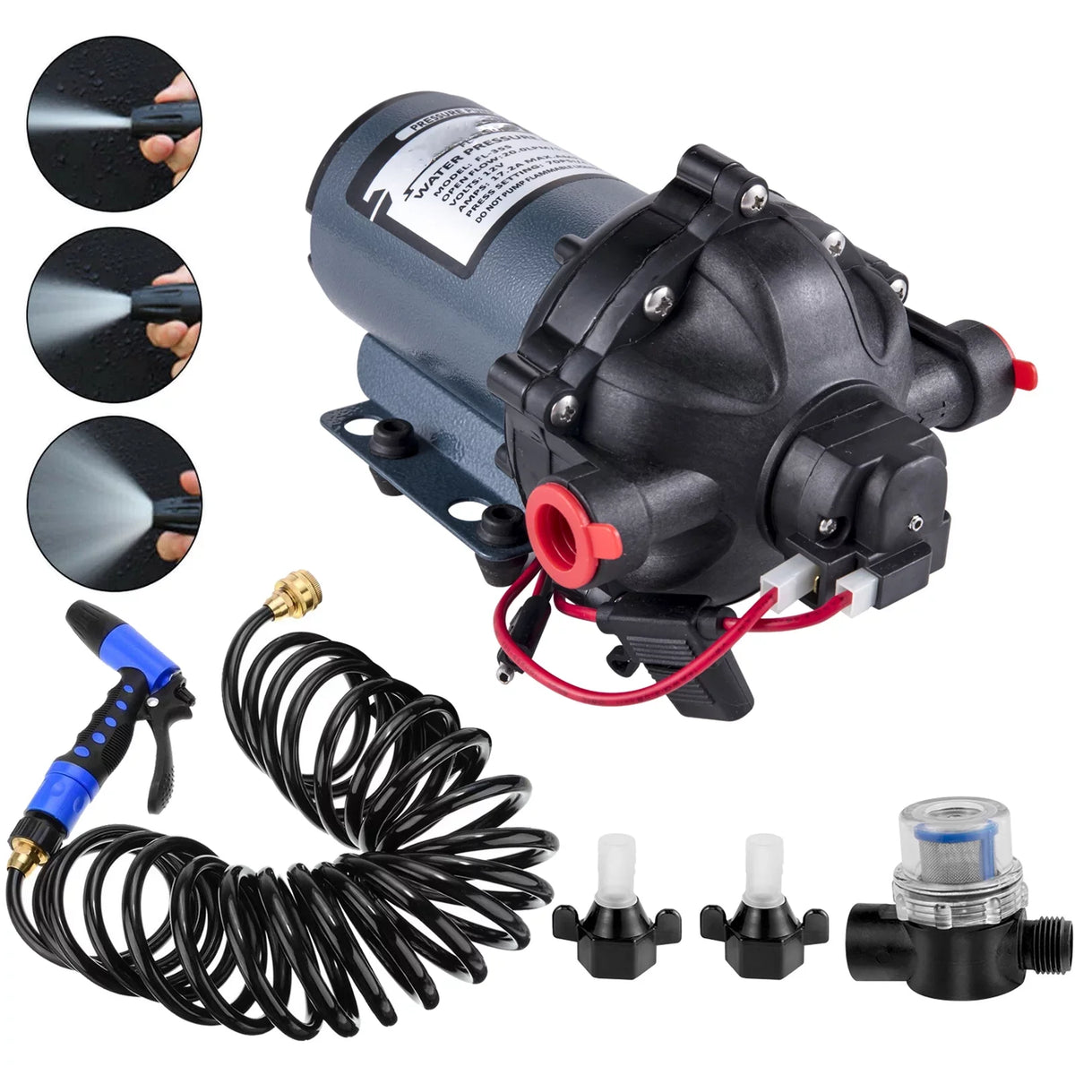 BENTISizeM RV Water Pump 5.3 GPM 5.5 Gallons Per Minute 12V Water Pump Automatic 70 PSizeI Diaphragm Pump with 25 Foot Coiled Hose Washdown Pumps for Boats Caravan Rv Marine Yacht