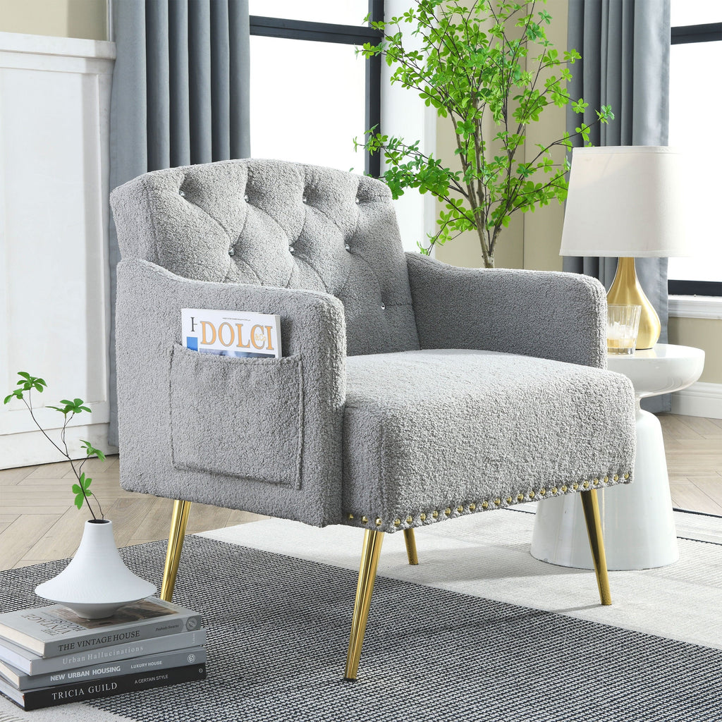 30 "W Modern Chesterfield Tufted Upholstered Chair with Deep Buttons, Living Room Chair, Cozy Armchair, Gold Hardware Legs, Tufted Chair for Reading or Relaxing, GREY TEDDY