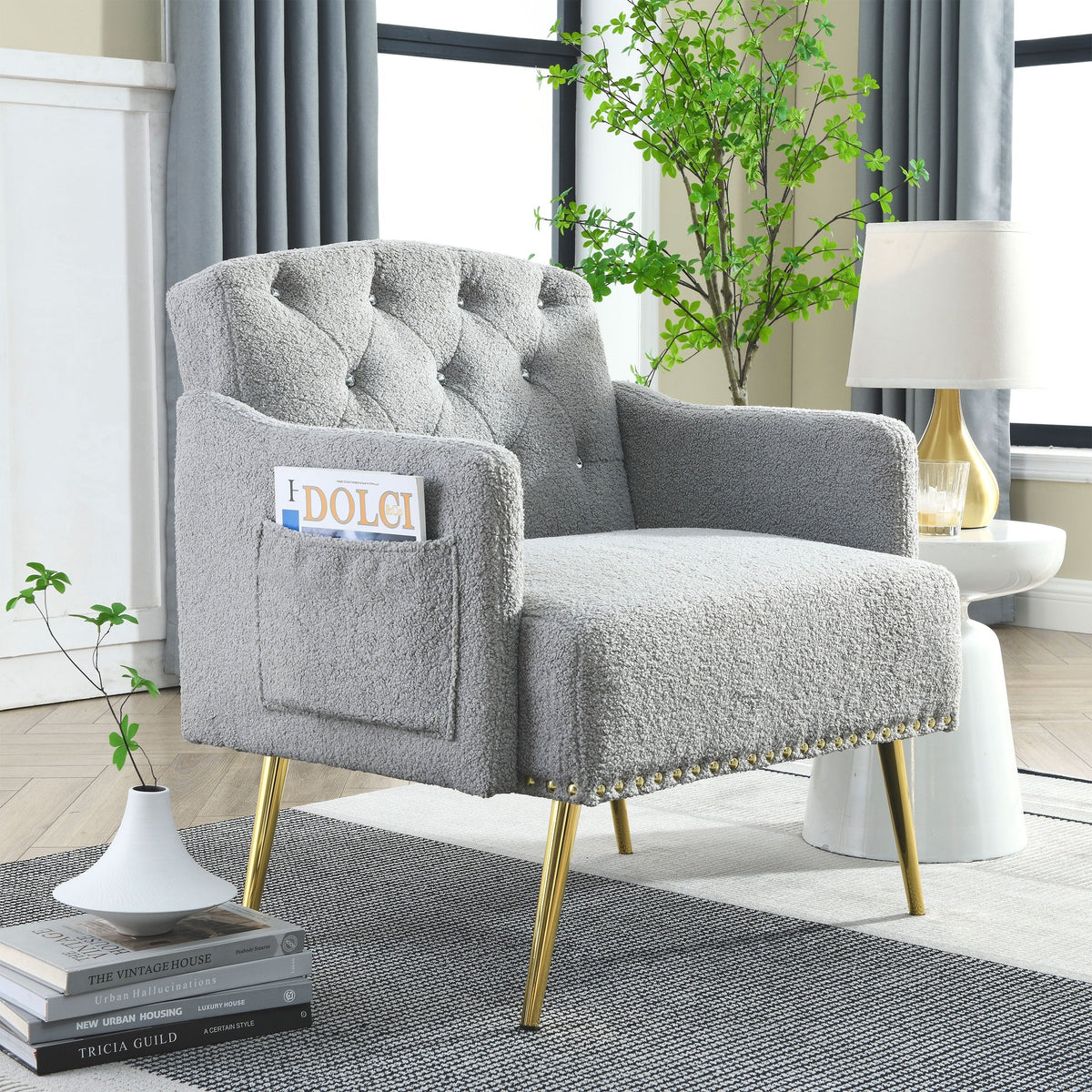 30 "W Modern Chesterfield Tufted Upholstered Chair with Deep Buttons, Living Room Chair, Cozy Armchair, Gold Hardware Legs, Tufted Chair for Reading or Relaxing, GREY TEDDY