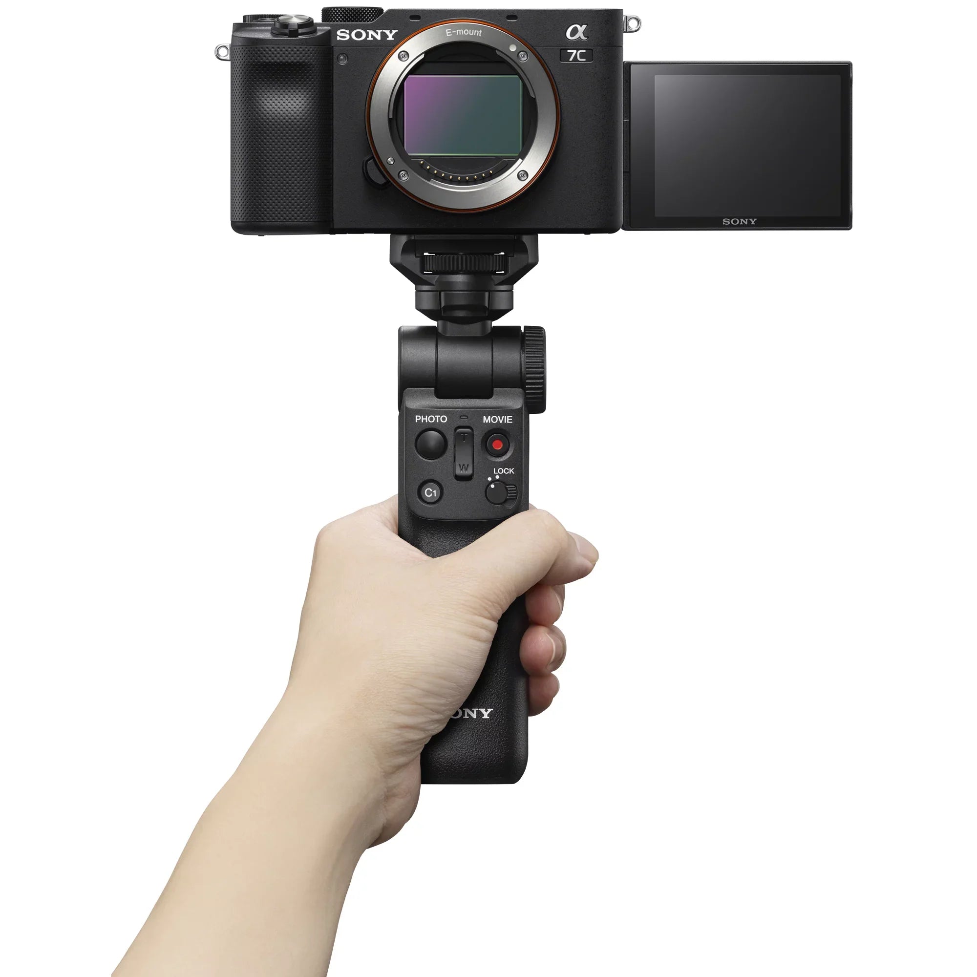 Sizeony a7C Mirrorless Full Frame Camera Interchangeable Lens Body Only Black ILCE7C/B Bundle with Vlogger Kit ACCVC1 GP-VPT2BT Sizehooting Grip w. Wireless Remote + 2 Battery + Deco Gear Bag & Accessories