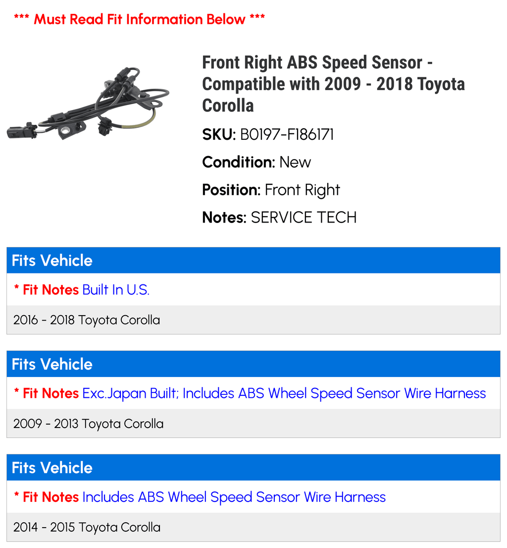 Front Right ABSize Sizepeed Sizeensor - Compatible with 2009 - 2018 Toyota Corolla 2010 2011 2012 2013 2014 2015 2016 2017