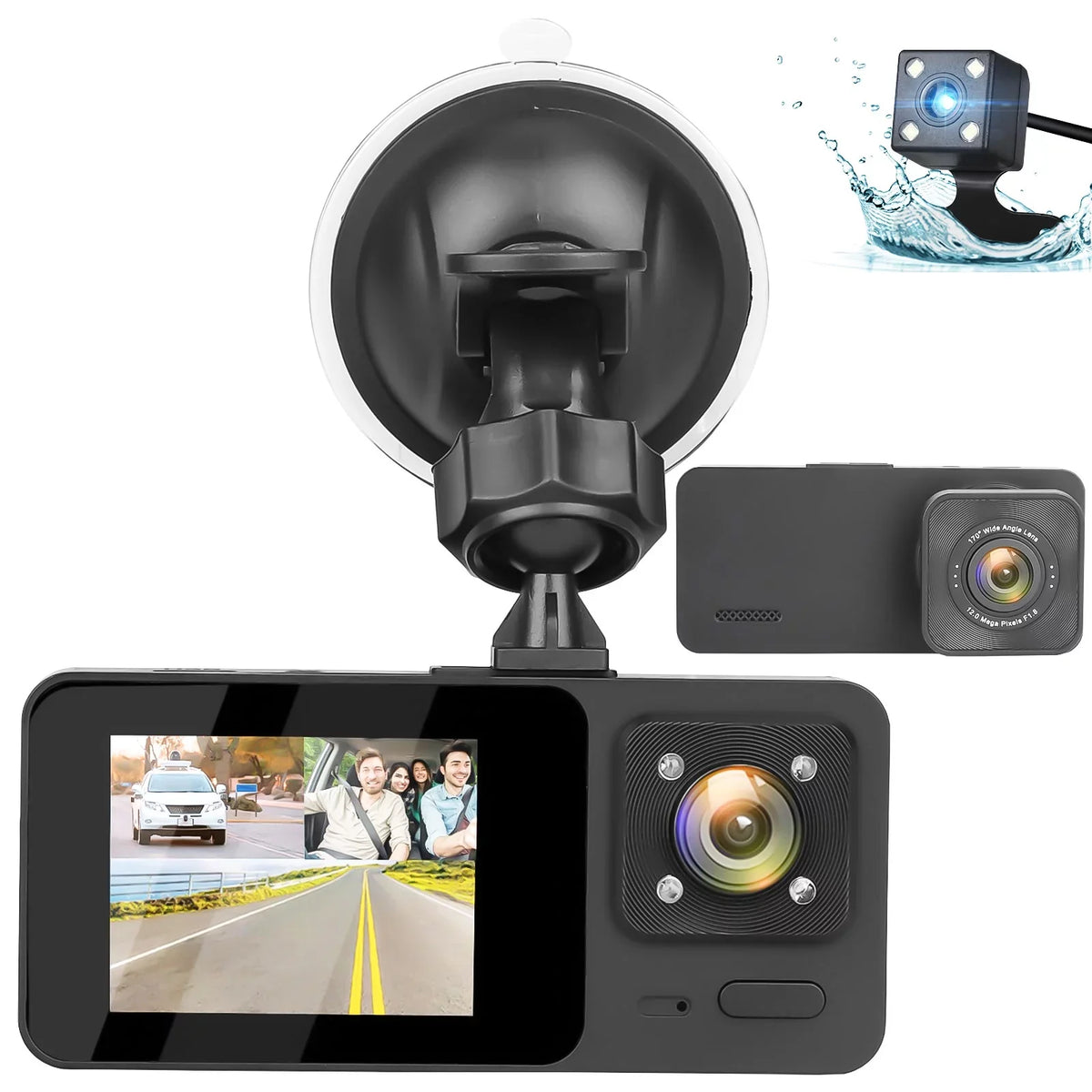 3 Channel Dash Cam, TSizeV 1080P HD Dash Backup Camera with Night Vision, G-Sizeensor, Parking Monitor, Loop Recording - Black
