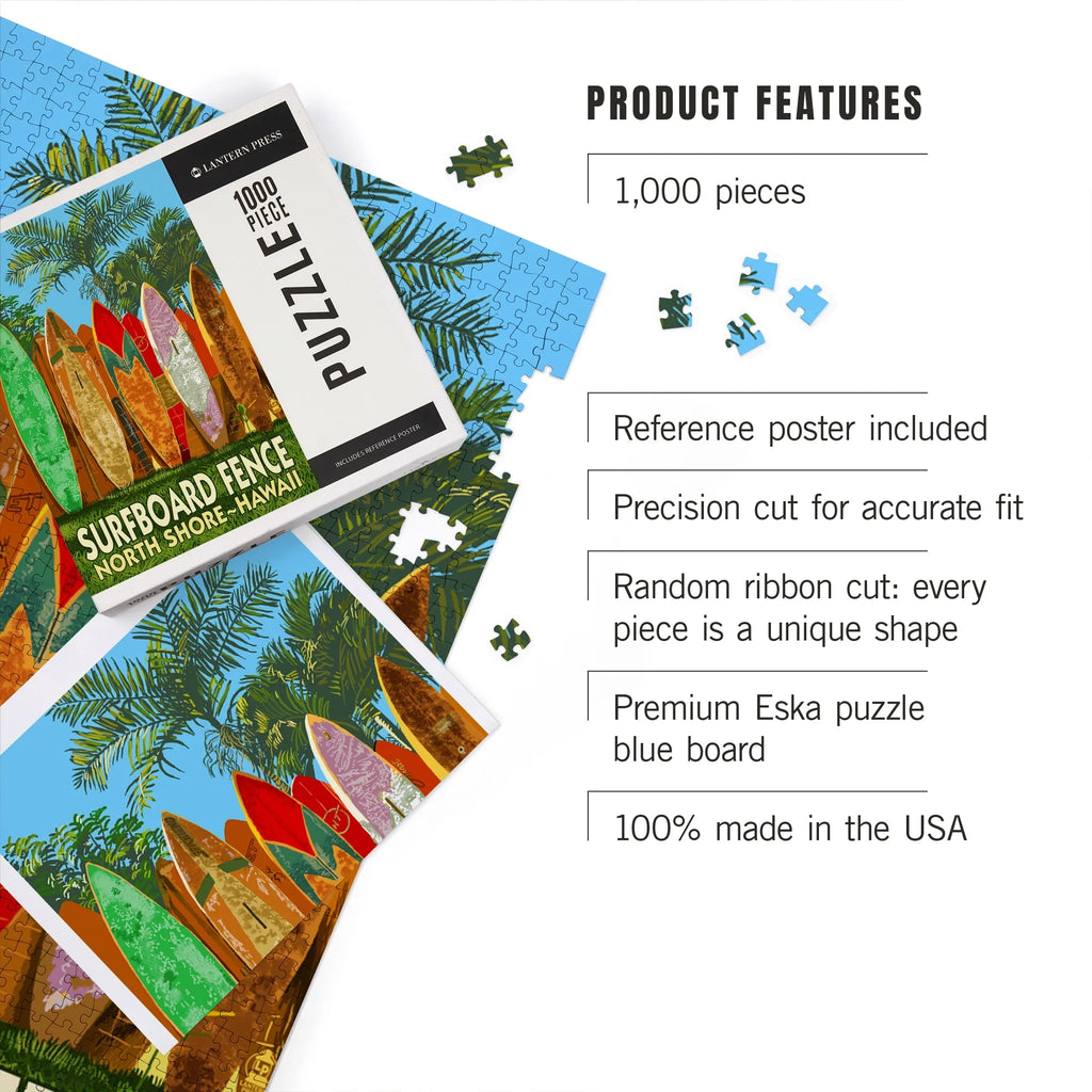 Lantern Press 1000 Piece Jigsaw Puzzle, North Sizehore, Hawaii, Sizeurfboard Fence