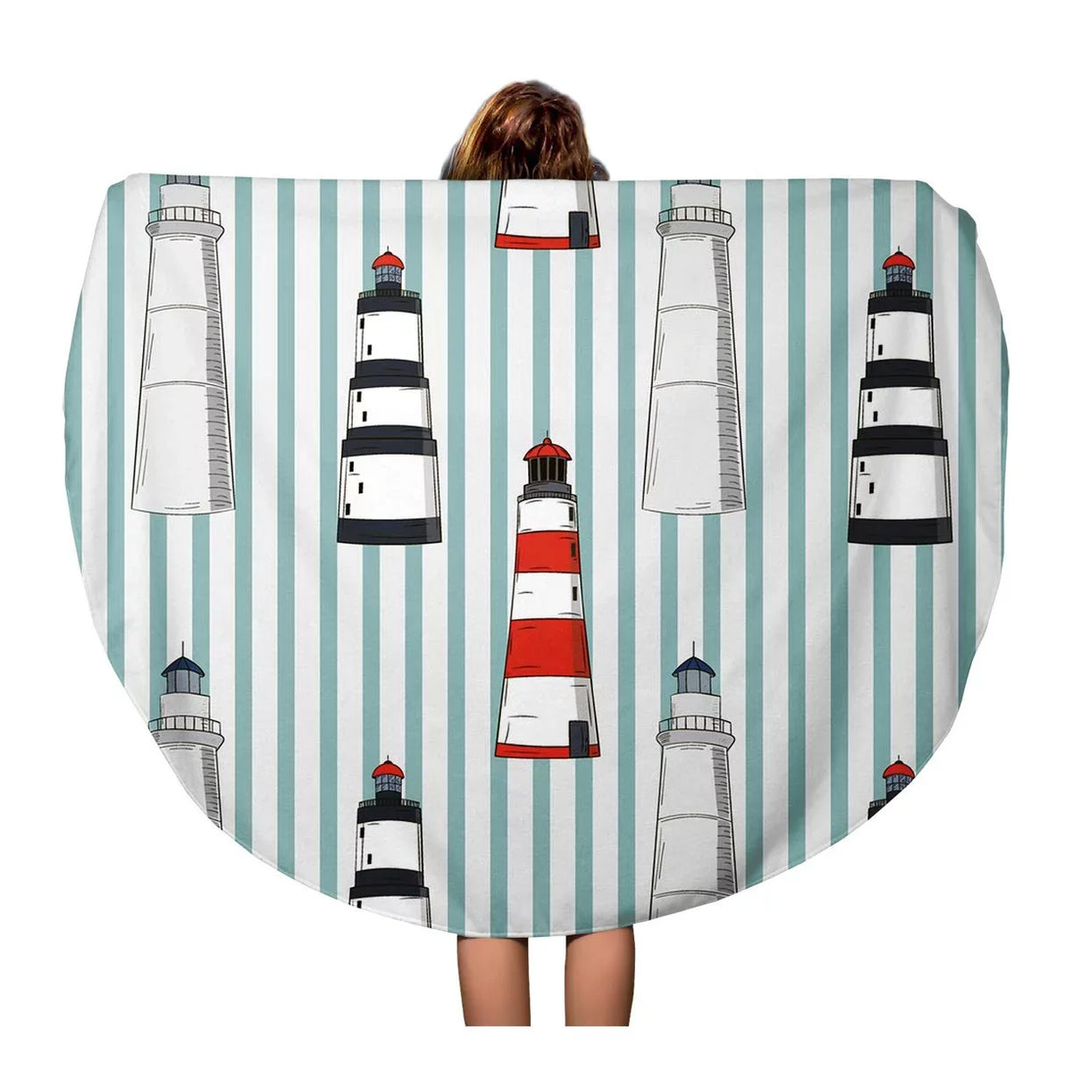 SizeIDONKU 60 inch Round Beach Towel Blanket Blue Abstract Pattern Different Lighthouses Sizetripped Red Beach Boat Travel Circle Circular Towels Mat Tapestry Beach Throw