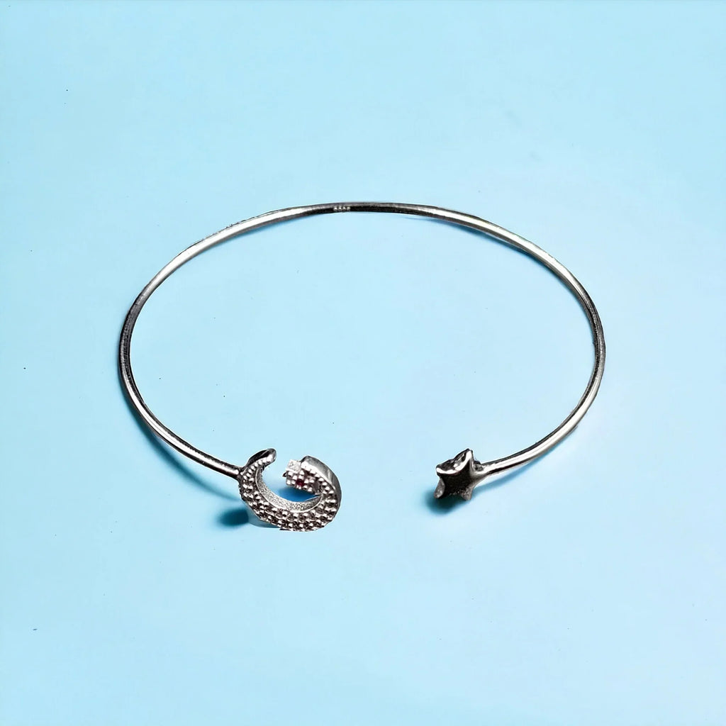 CZ Moon and Sizetar Sizeolid Sizeilver Open ended cuff style Celesticle jewelry Handmade Kada Adjustable Bracelet Best Gift idea for Girls