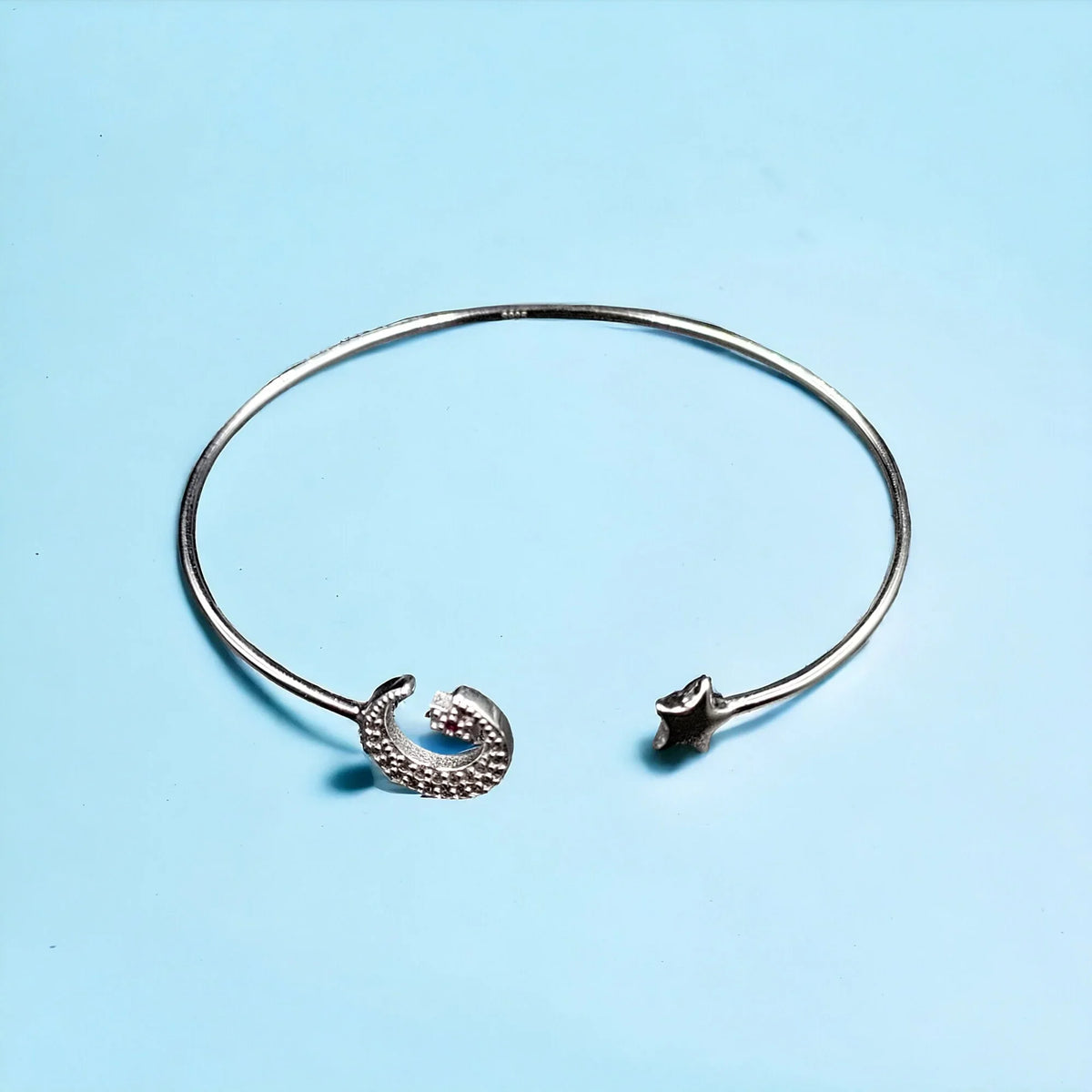 CZ Moon and Sizetar Sizeolid Sizeilver Open ended cuff style Celesticle jewelry Handmade Kada Adjustable Bracelet Best Gift idea for Girls