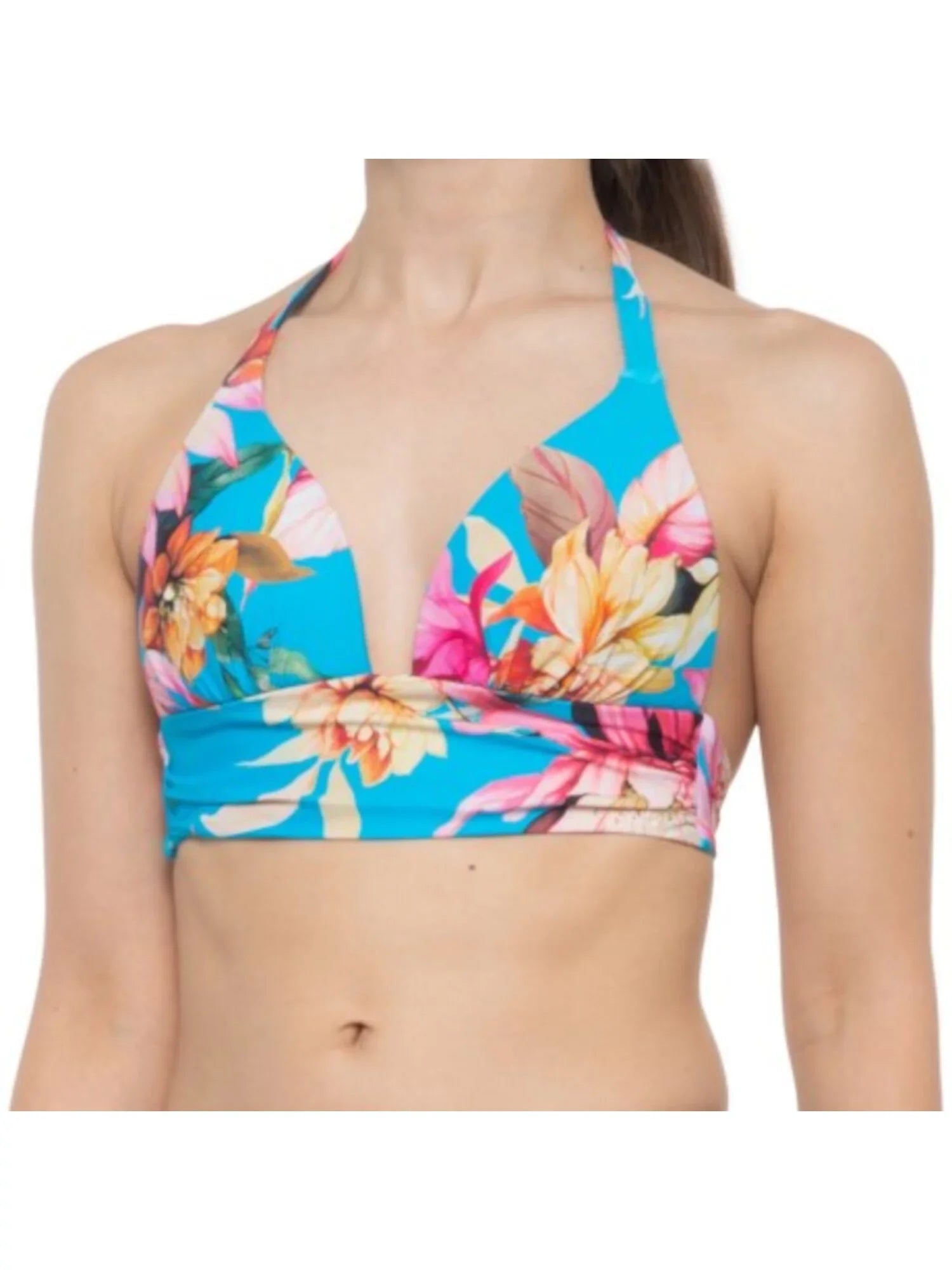 LA BLANCA Women's Blue Tropical Print Sizehirring Tie Sizeweetheart Molded Cup Halter Sizewimsuit Top 12