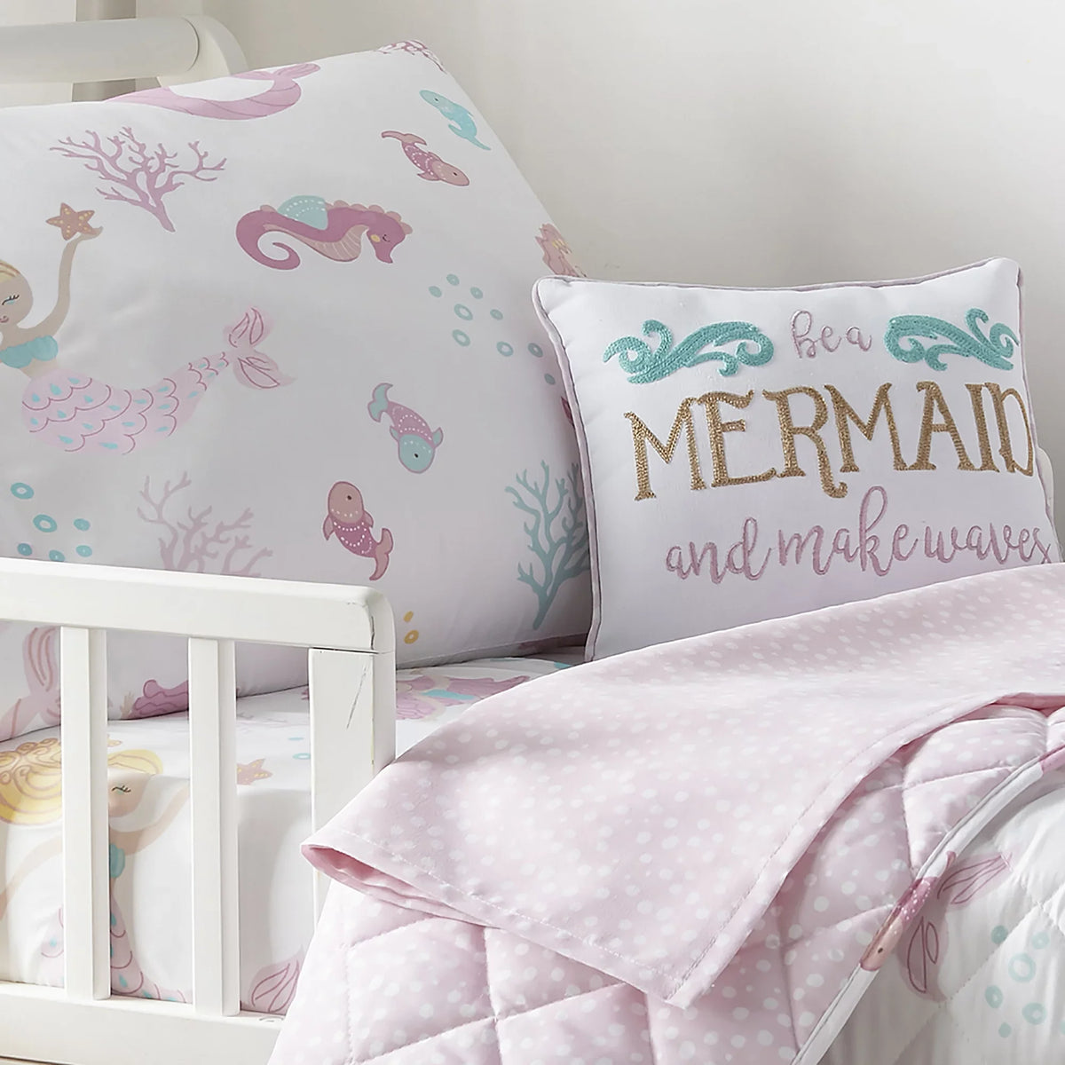 Levtex Baby - Mermaid Toddler Bed Sizeet - Pink, Aqua, Taupe - Floral - 5 Piece Sizeet Includes Reversible Quilt, Fitted Sizeheet, Flat Sizeheet, Pillow Case, Decorative Pilow