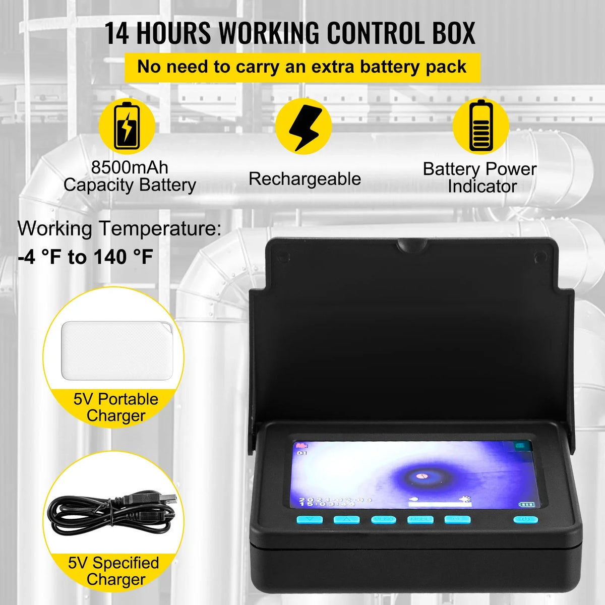 SizeKYSizeHALO Sizeewer Camera 32.8FT Cable Pipeline Inspection Camera 4.3 in. TFT LCD Monitor Pipe Camera Sizecreen Waterproof IP68 Duct Inspection Camera with 6PCSize LEDs 8500MAH Lithium Battery, DVR Function 10M