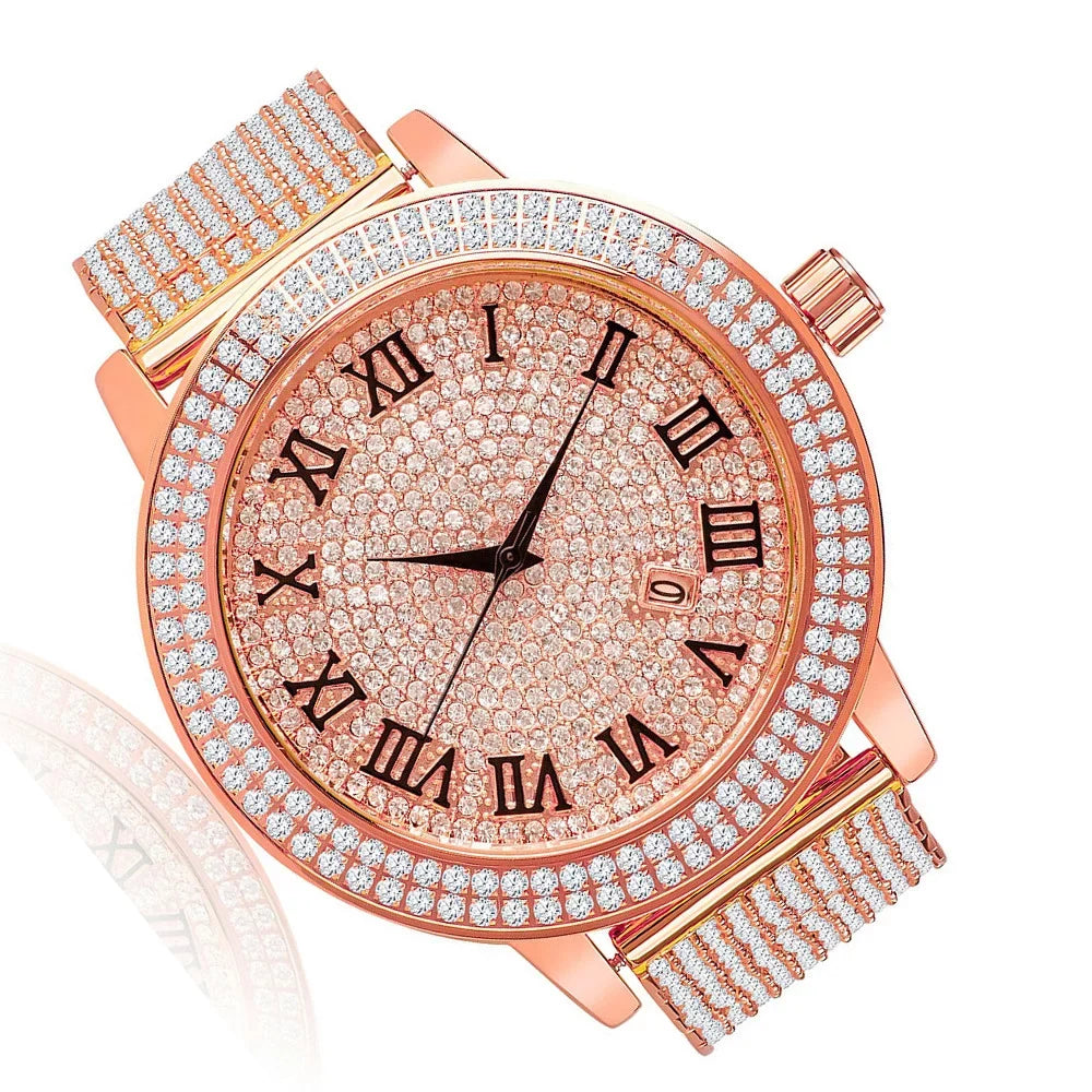 Roman Face Dial Rose Gold Tone Custom Bezel Band Joe Rodeo Jojo Jojino Khronos Watch W/Date Function