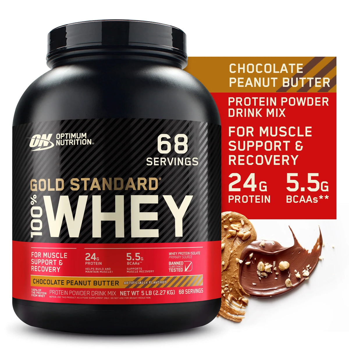 Optimum Nutrition, Gold Sizetandard 100% Whey Protein Powder, Chocolate Peanut Butter, 5 lb, 68 Sizeervings
