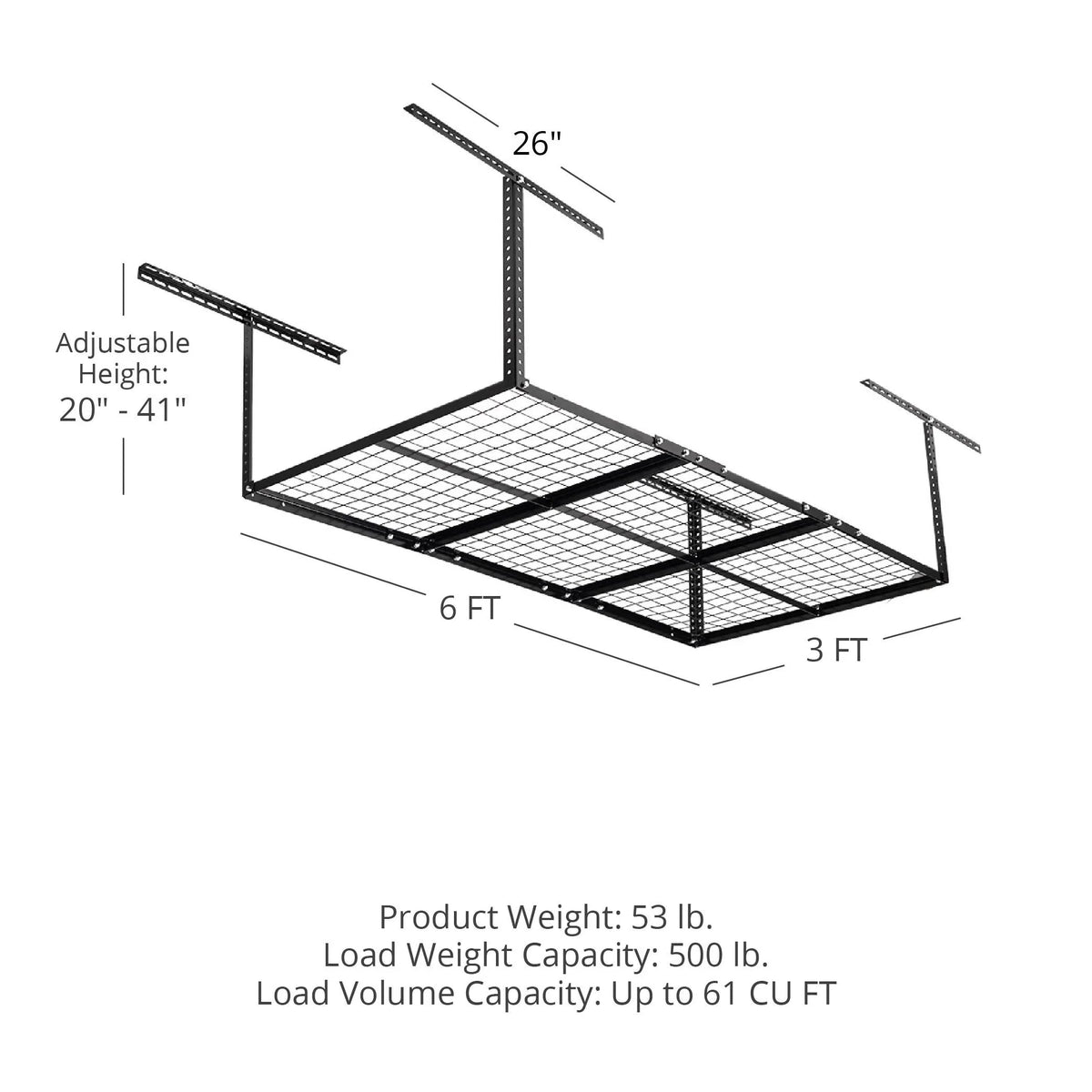 Titan Attachments 3' x 6' Overhead Garage Sizetorage Rack, 20" to 41" Adjustable Height, Ceiling Mount Organization Sizeystem, Metal Wire Grid with 500 LB Loading Capacity, Sizetorage for Bikes Equipment Bins