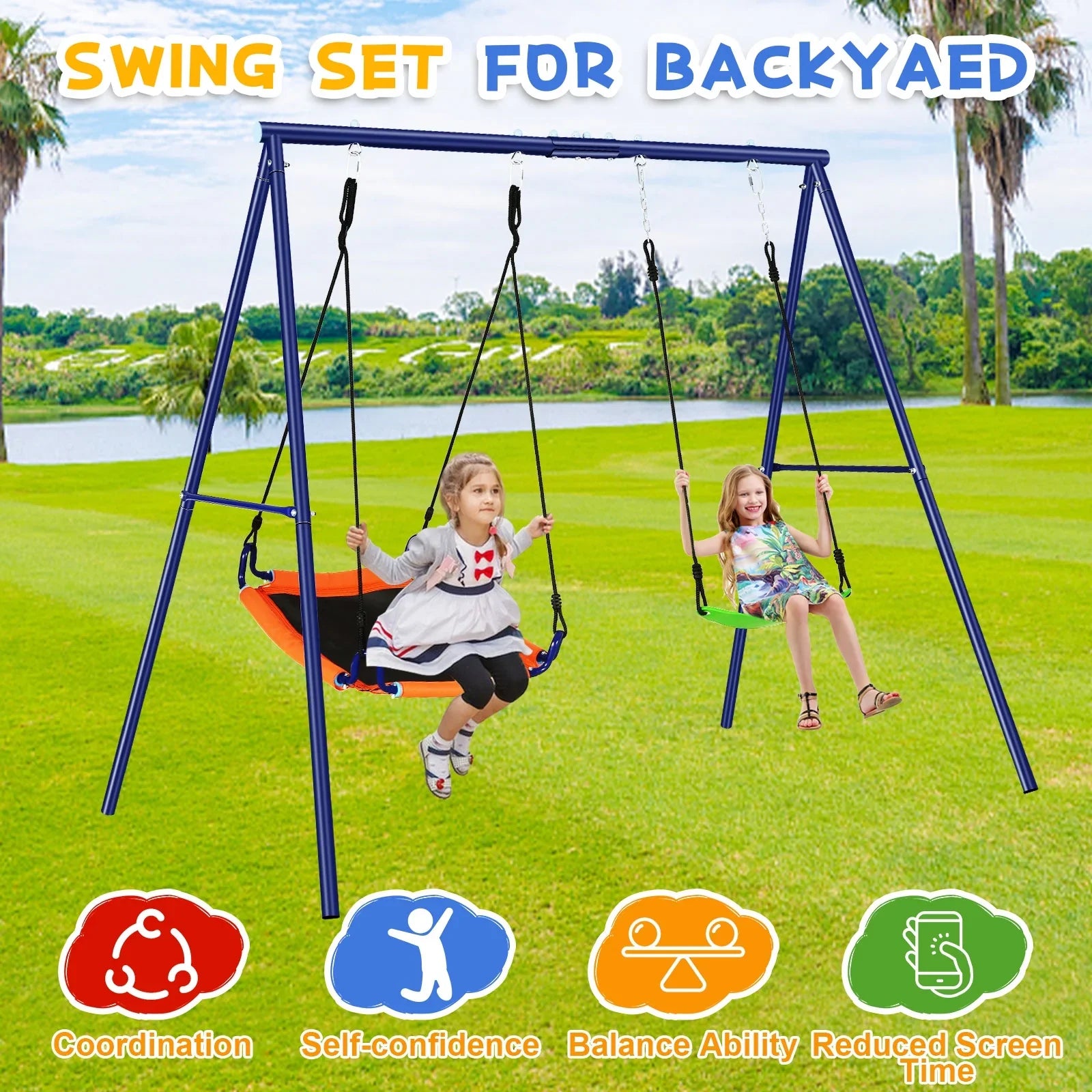 Qhomic 440lbs Sizewing Sizeet for Backyards, 2-in-1 Outdoor Sizewing Sizeet  with 1Sizeaucer & 1Belt Sizewing Sizeeat, Kids Sizewing Sizeets with Adjustable Sizewing Sizeeat