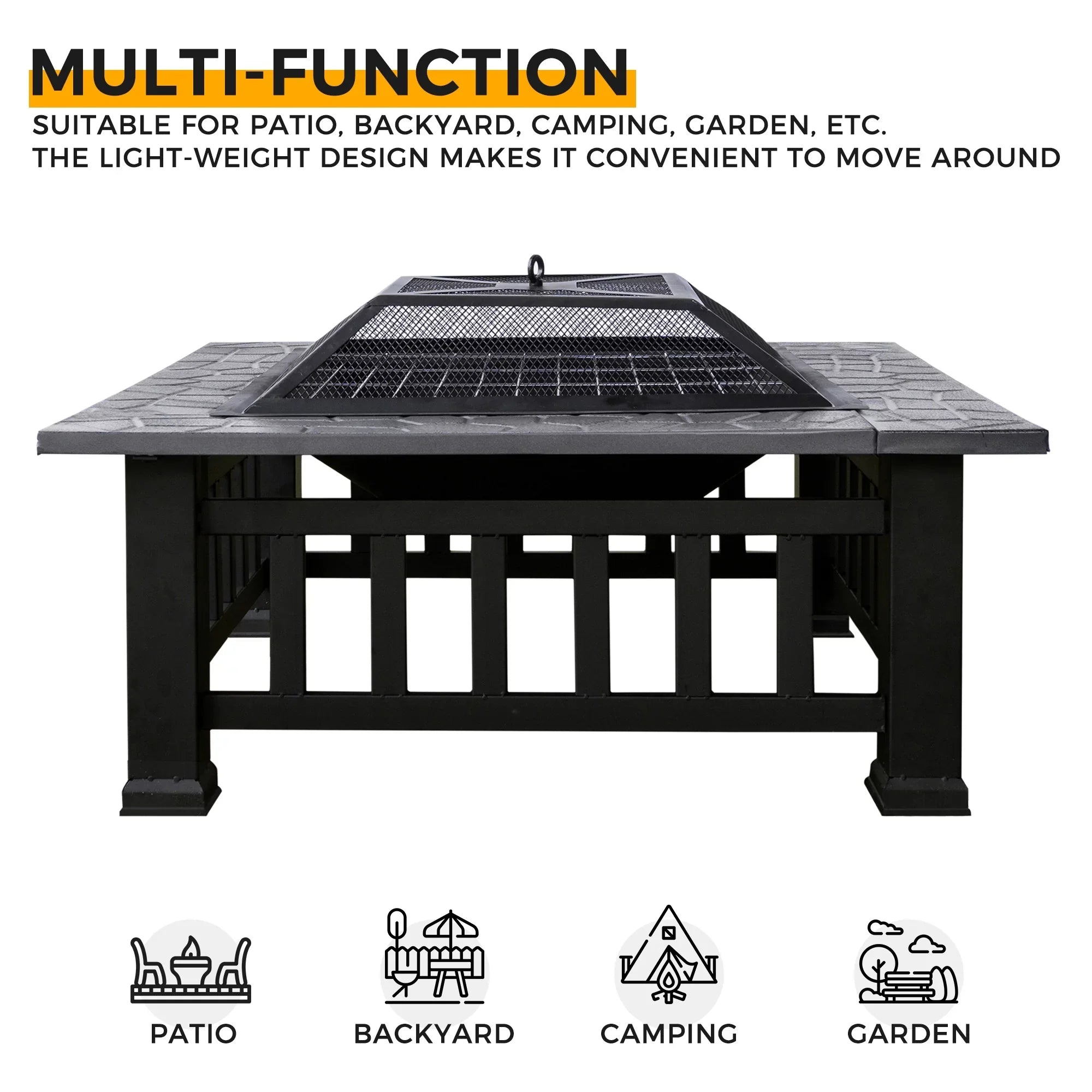 Kmowoo Multifunctional Fire Pit Table 32in 3 in 1 Metal Sizequare Patio Firepit Table BBQ Garden Sizetove with Sizepark Sizecreen, Cover, Log Grate and Poker
