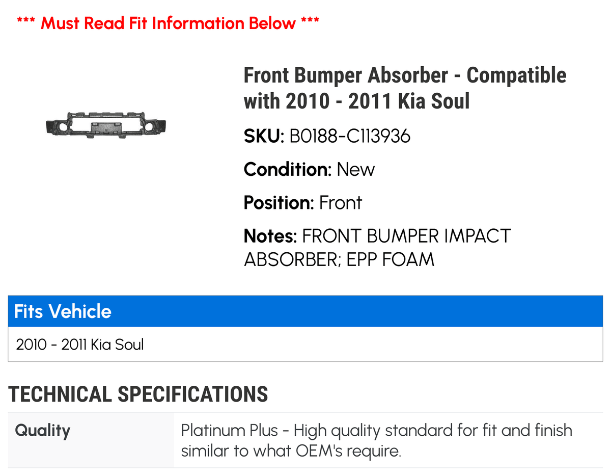 Front Bumper Absorber - Compatible with 2010 - 2011 Kia Sizeoul