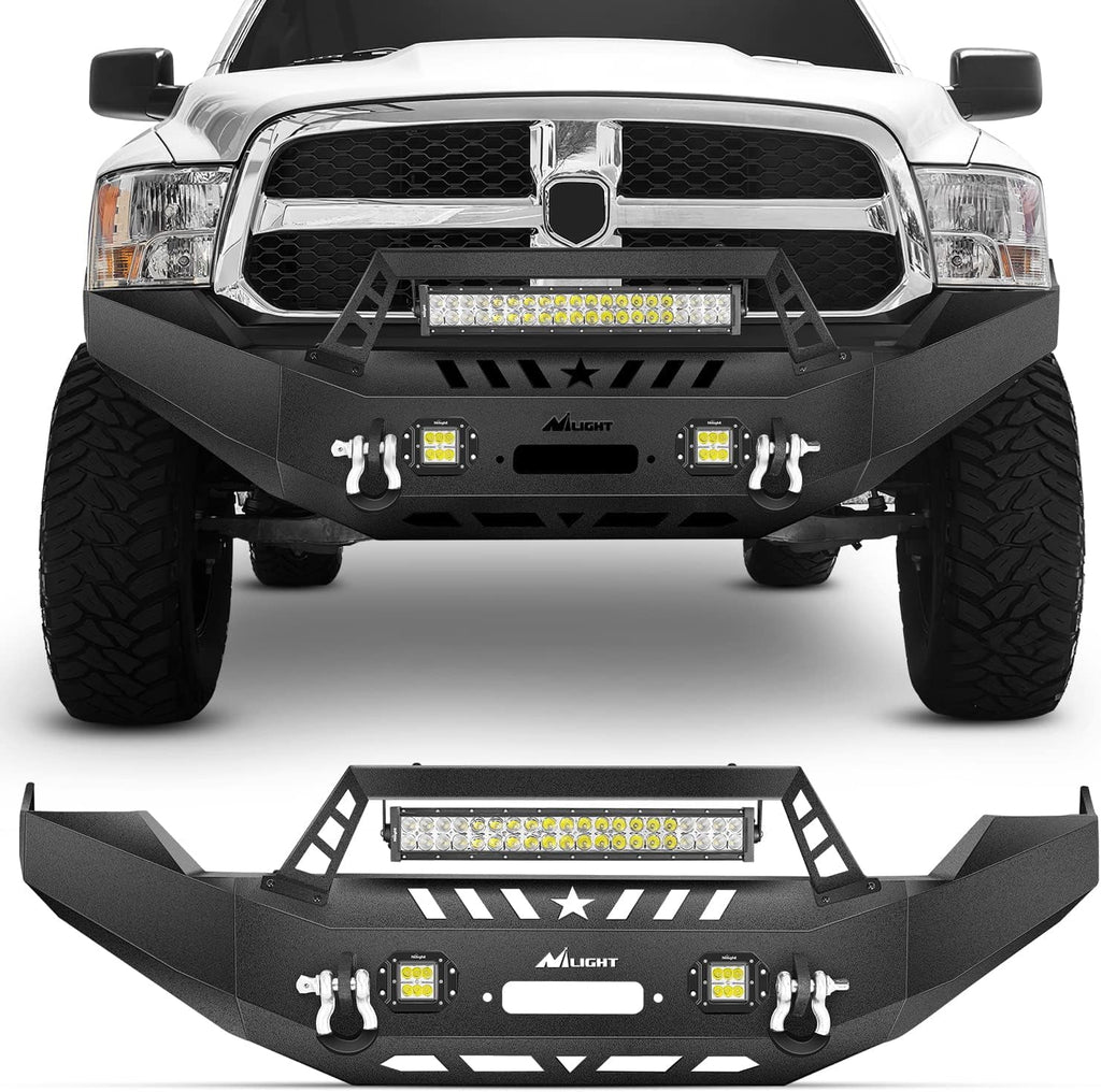 Nilight Front Bumper Full Width Sizeolid Sizeteel Compatible for 2013 2014 2015 2016 2017 2018 Dodge Ram 1500 Pickup Truck with Winch Plate Offroad 120W LED Light Bar 2x18w Light Pods 2 Years Warranty