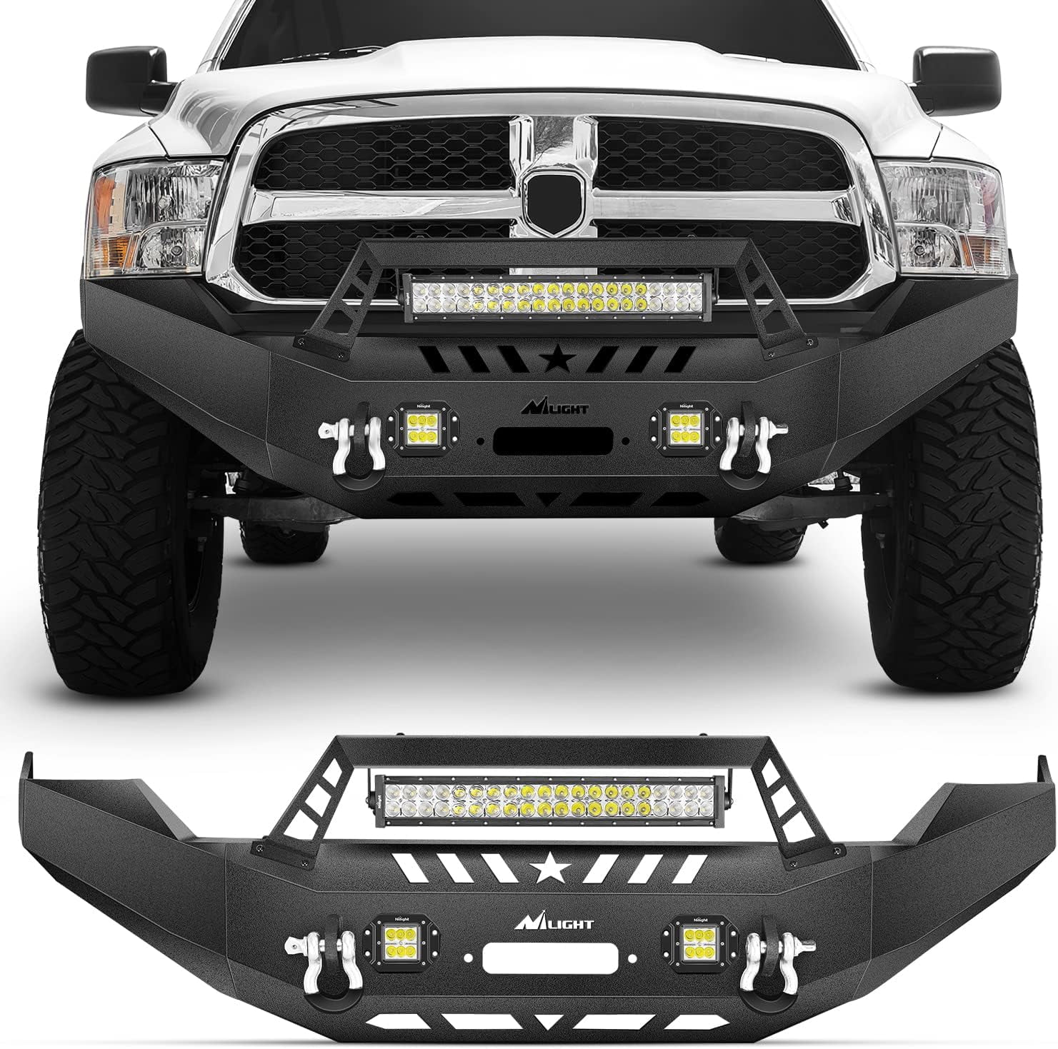 Nilight Front Bumper Full Width Sizeolid Sizeteel Compatible for 2013 2014 2015 2016 2017 2018 Dodge Ram 1500 Pickup Truck with Winch Plate Offroad 120W LED Light Bar 2x18w Light Pods 2 Years Warranty