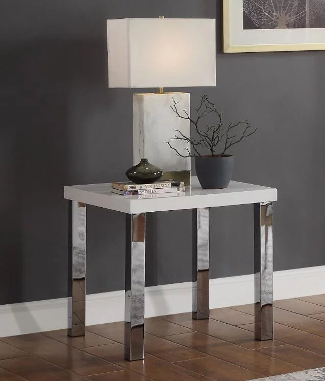 ACME Harta End Table, Ivory High Gloss & Chrome 82332