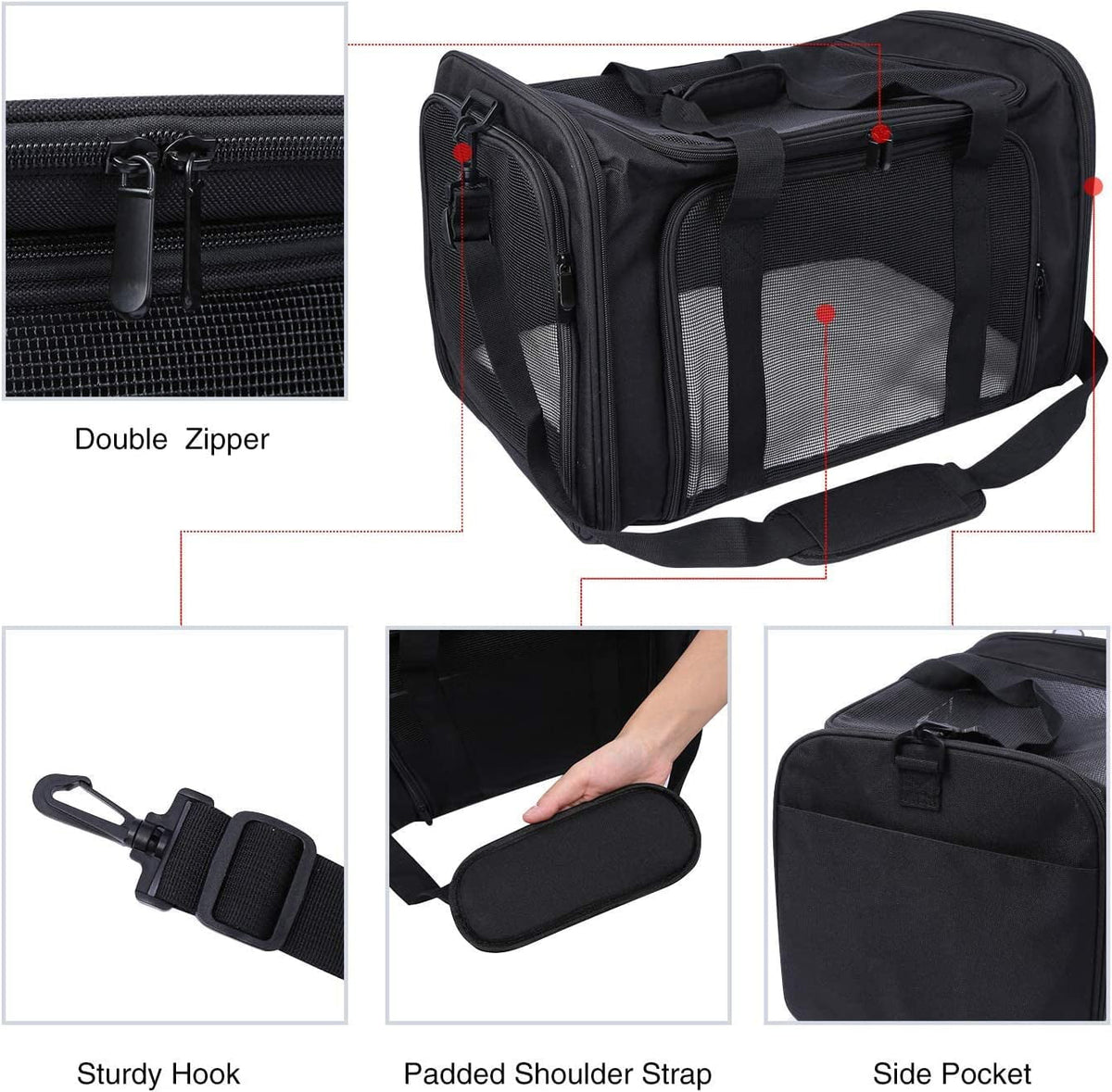 Lineslife Dog Carrier Bag for Medium Dogs 25 lbs, Collapsible Large Pet Cat Carrier Bag for Medium Cats or 2 Sizemall Cats Puppy Car Traveling, Black