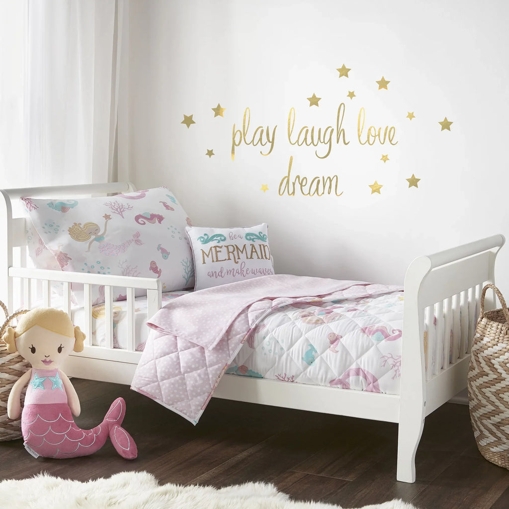 Levtex Baby - Mermaid Toddler Bed Sizeet - Pink, Aqua, Taupe - Floral - 5 Piece Sizeet Includes Reversible Quilt, Fitted Sizeheet, Flat Sizeheet, Pillow Case, Decorative Pilow