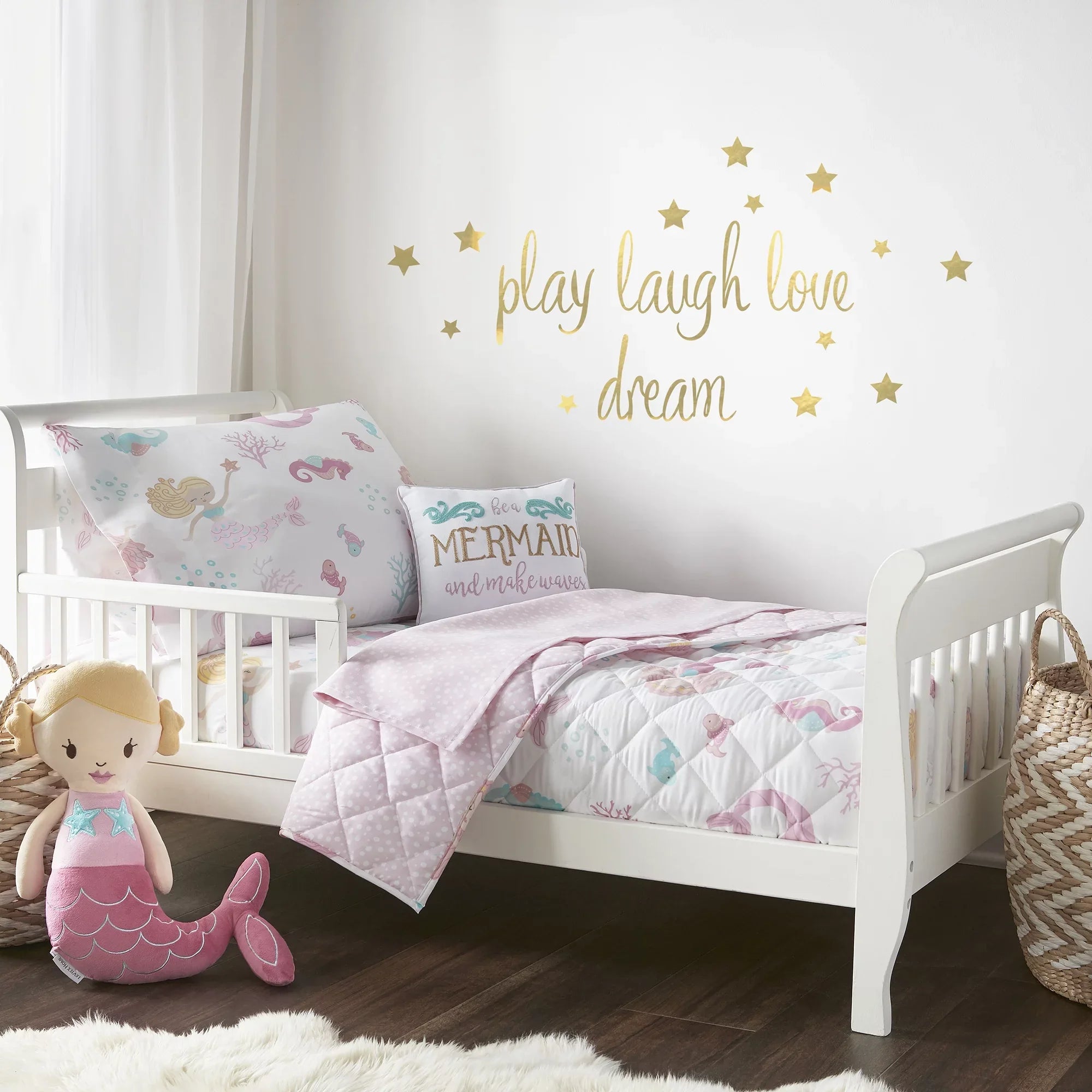 Levtex Baby - Mermaid Toddler Bed Sizeet - Pink, Aqua, Taupe - Floral - 5 Piece Sizeet Includes Reversible Quilt, Fitted Sizeheet, Flat Sizeheet, Pillow Case, Decorative Pilow