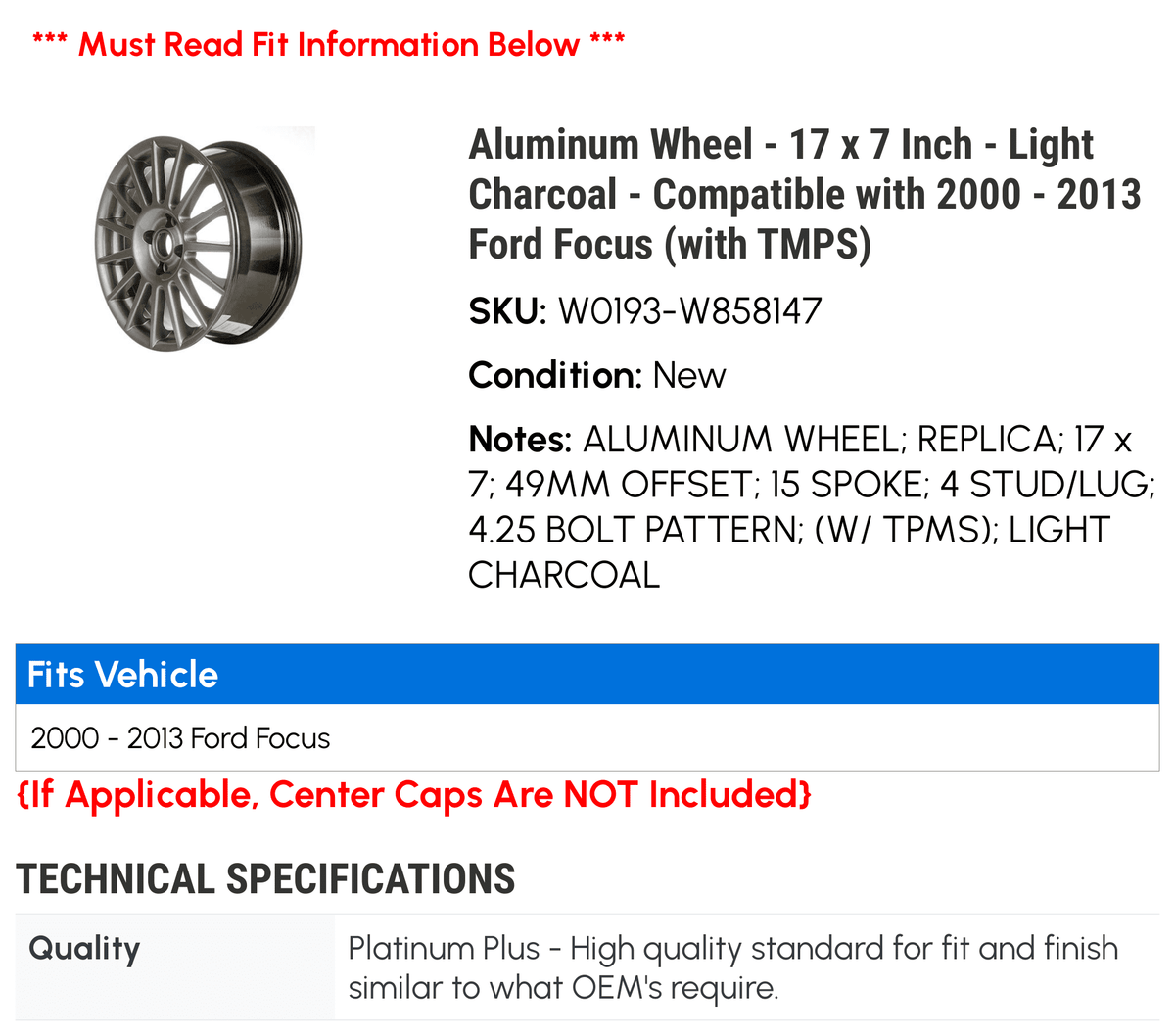 Aluminum Wheel - 17 x 7 Inch - Light Charcoal - Compatible with 2000 - 2013 Ford Focus (with TMPSize) 2001 2002 2003 2004 2005 2006 2007 2008 2009 2010 2011 2012