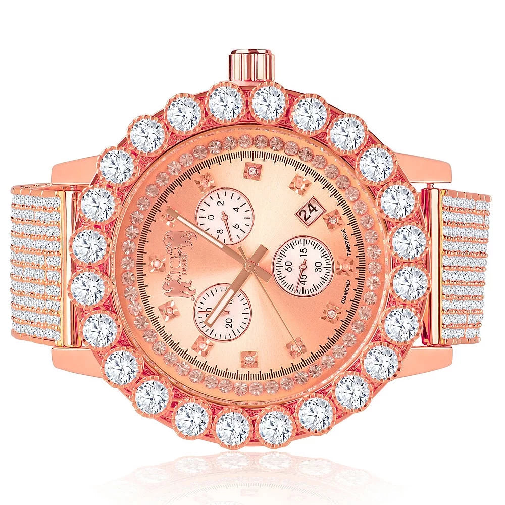 Exclusive Custom Time Piece Celebrity Inspired Lab Diamonds Rose Gold Tone Iced Out Khronos Jo Rodeo Watch W/Date Function