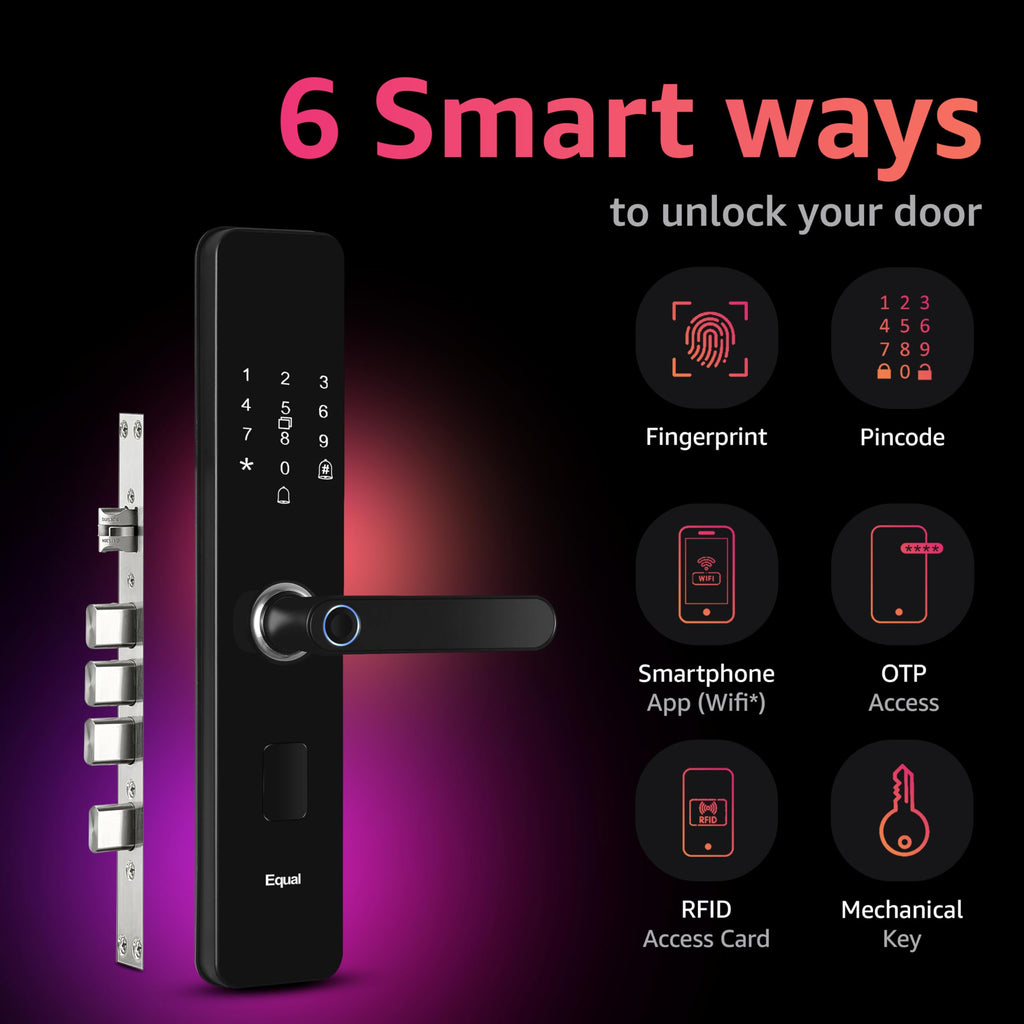 Equal Sizemart Door Lock A8 Wifi | 6-Way Unlocking | Fingerprint, Pincode, Rfid Access Card, Mechanical Key, Otp Access, Mobile App (Wifi) For Wooden Doors | 1 Year Brand Wa