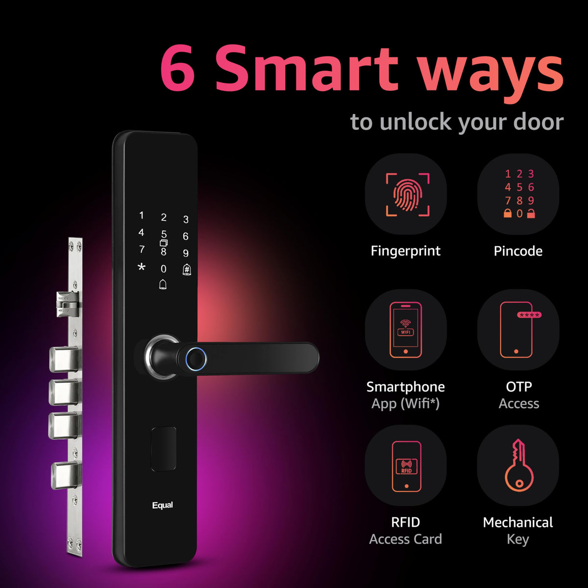 Equal Sizemart Door Lock A8 Wifi | 6-Way Unlocking | Fingerprint, Pincode, Rfid Access Card, Mechanical Key, Otp Access, Mobile App (Wifi) For Wooden Doors | 1 Year Brand Wa