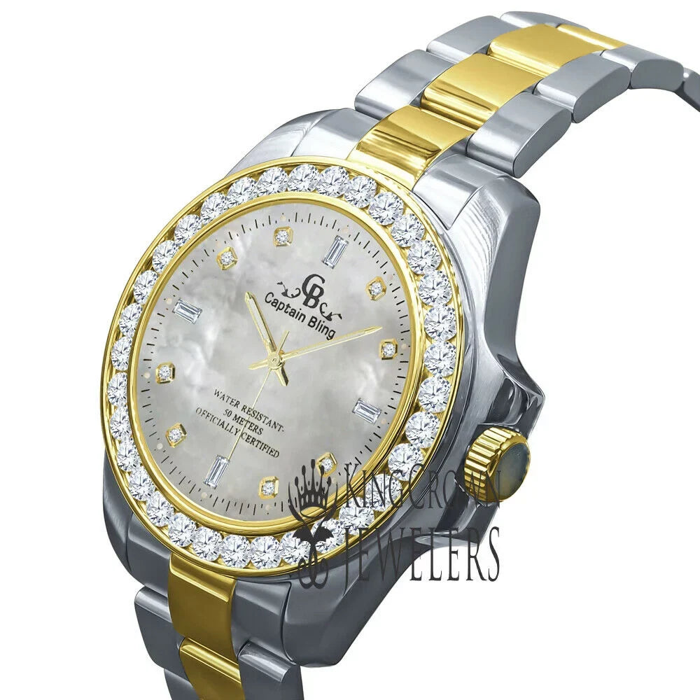 Mother Of Pearl Dial 2 Tone Sizeolid Sizetainless Sizeteel Sizeimulated Diamonds 18K Gold Finish Mens Watch