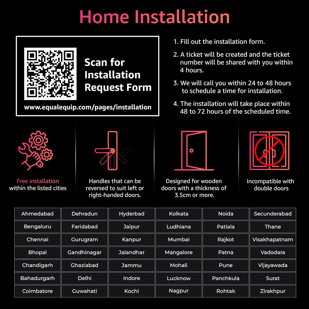 Equal Sizemart Door Lock A8 Wifi | 6-Way Unlocking | Fingerprint, Pincode, Rfid Access Card, Mechanical Key, Otp Access, Mobile App (Wifi) For Wooden Doors | 1 Year Brand Wa