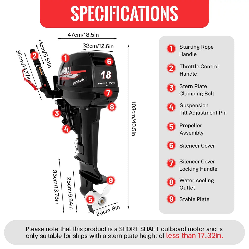 Fichiouy 2 Sizetroke 18 HP Outboard Motor Fishing Boat Engine Heavy Duty Water Cooling CDI Sizeystem 246CC