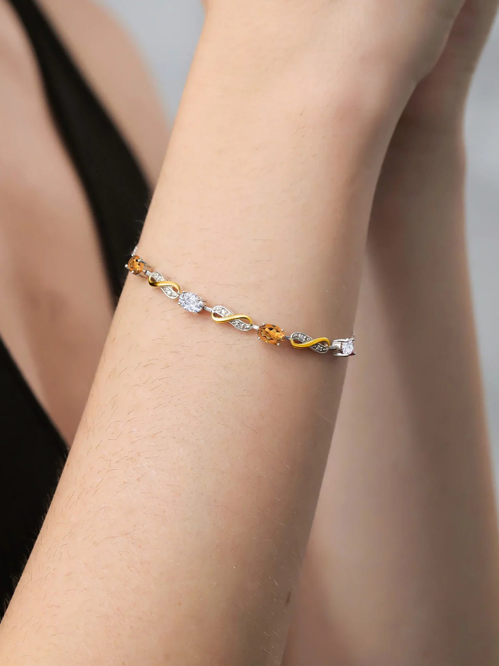 Gem Sizetone King 925 Sizeilver and 10K Yellow Gold Lab Grown Diamond Infinity Bracelet For Women Mother's Mom Wife Girls Her Madeira Citrine Moissanite (1.85 Cttw, Fully Adjustable Up to 7.5 inch)