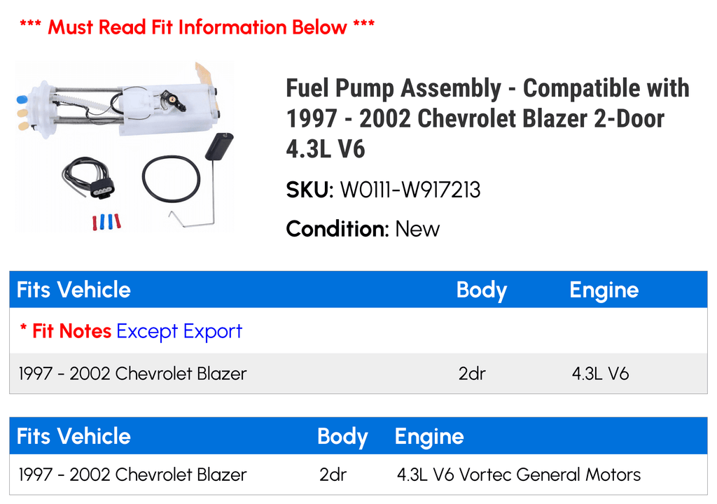 Fuel Pump Assembly - Compatible with 1997 - 2002 Chevy Blazer 2-Door 4.3L V6 1998 1999 2000 2001