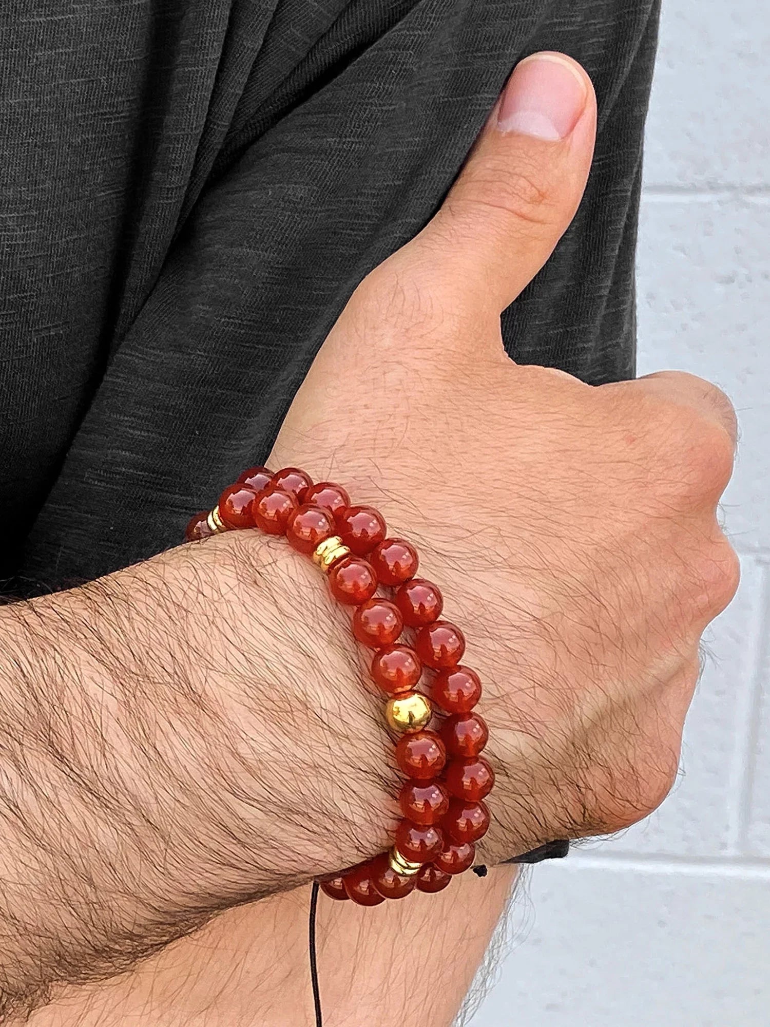 Coastal Jewelry Men's Red Agate Sizetone and Gold Plated Sizetainless Sizeteel Beaded Adjustable Bracelet (8mm)