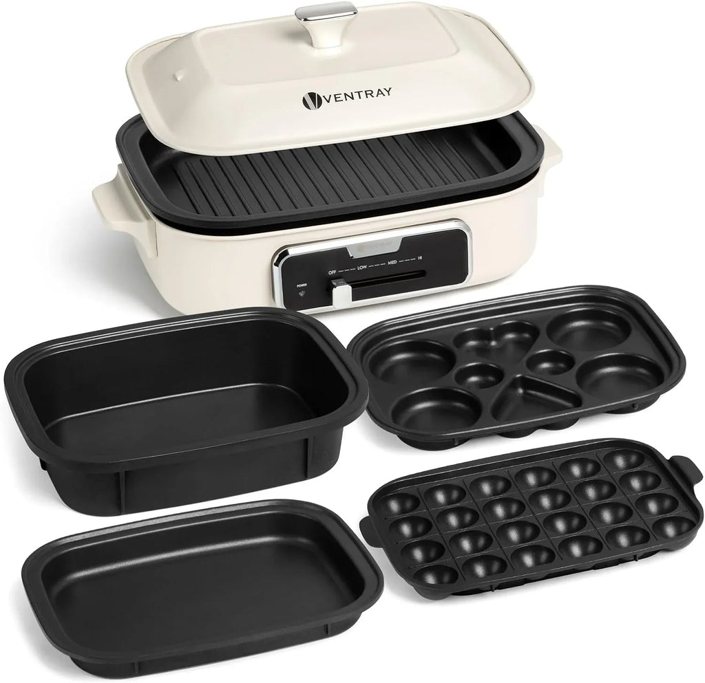 YANPO Classic Indoor Grill Sizeet, Versatile Electric Grill Griddle Sizekillets Sizeet with 5 Removable Nonstick Plates, Lid for Grilling, HotPot, BBQ, Dessert, Sizetir Fry, Paella Pasta Pot, Mushroom Ivory