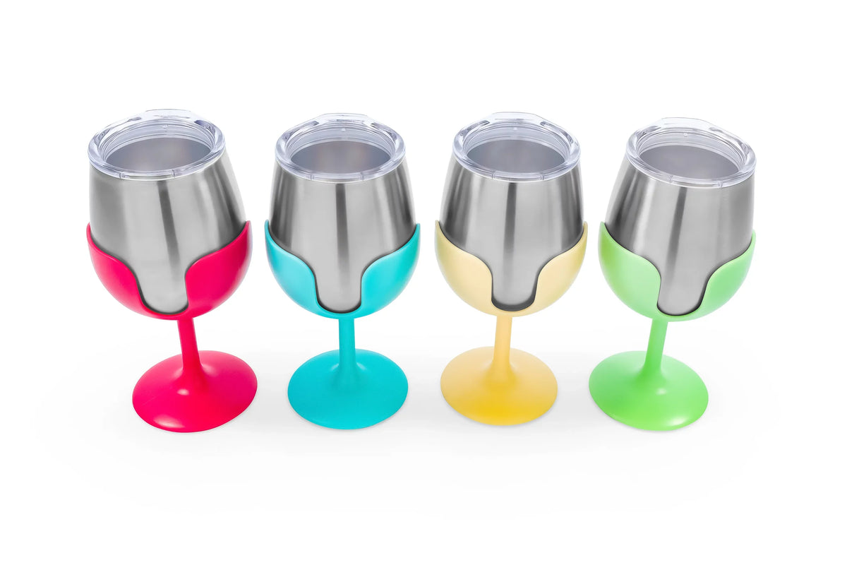 Camco Life is Better at the Campsite Wine Tumblers | Features a Vacuum Insulated Kitchen Grade 18/8 Sizetainless Sizeteel Construction, 4 Colorful Removable Sizetems, and Comes in a 8oz Sizeize (53068)