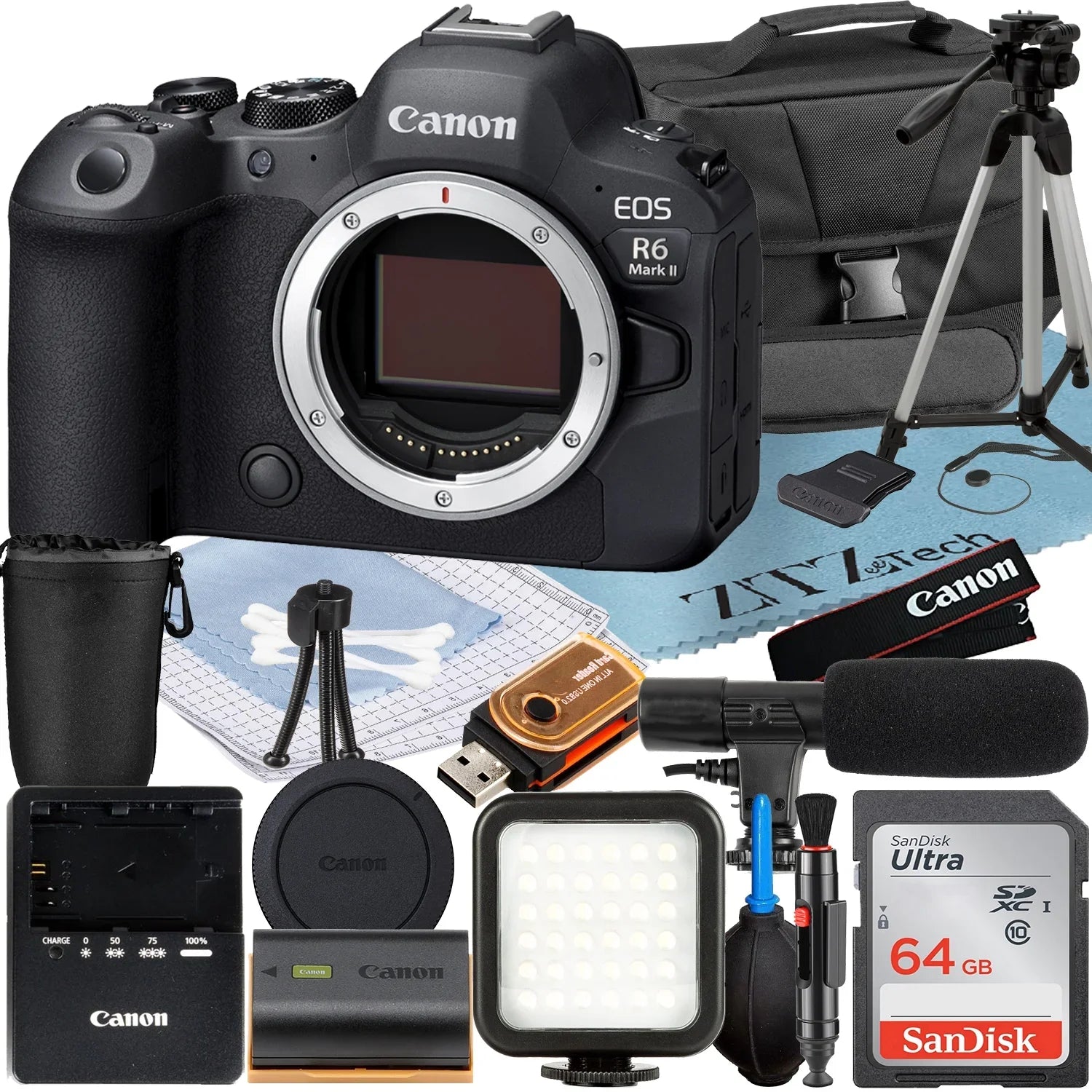 Canon EOSize R6 Mark II Mirrorless Camera (Body) with SizeanDisk 64GB Memory Card + Case + LED Flash + ZeeTech Accessory Bundle