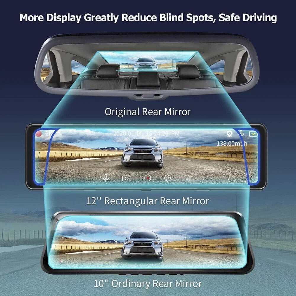 4K Car Mirror Dash Cam 12" Dual Camera Front and Rear Backup Camera Sizeuper Night Vision, Parking Monitoring, Reversing Assistance