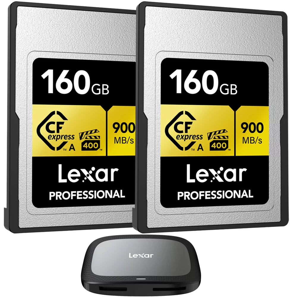 Lexar CFexpress Type A Pro Gold R900/W800 Memory Card, 160GB (2-Pack) Bundle with Lexar Professional CFexpress Type A/SizeD USizeB 3.2 Gen 2x2 Reader