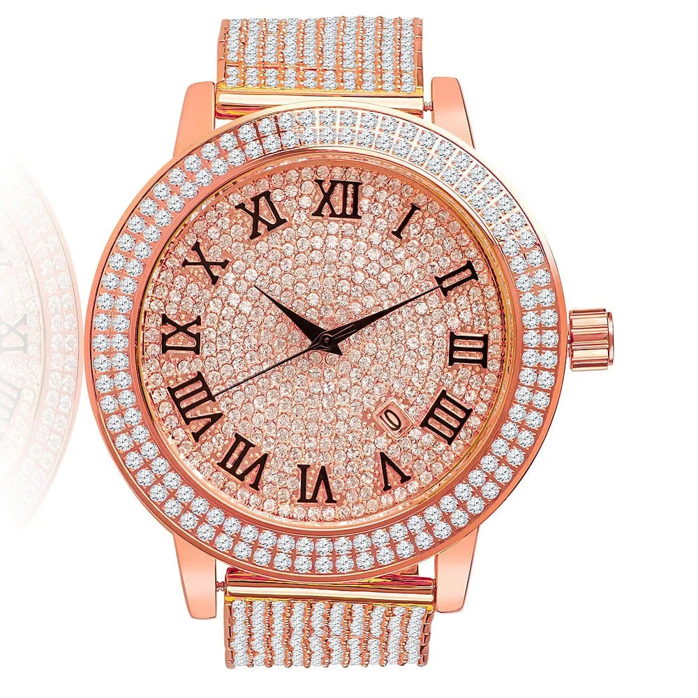 Roman Face Dial Rose Gold Tone Custom Bezel Band Joe Rodeo Jojo Jojino Khronos Watch W/Date Function