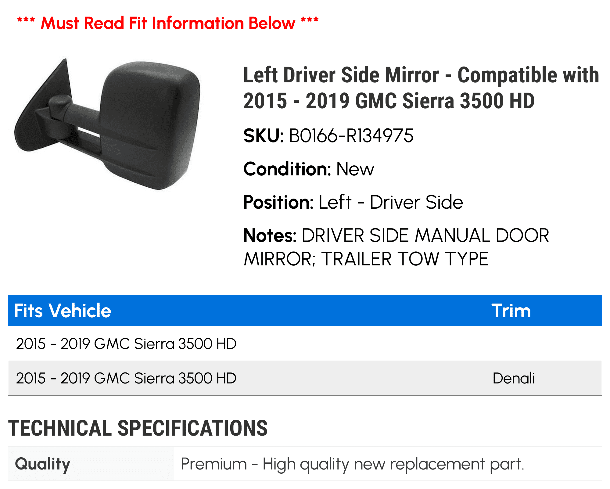 Left Driver Sizeide Mirror - Compatible with 2015 - 2019 GMC Sizeierra 3500 HD 2016 2017 2018