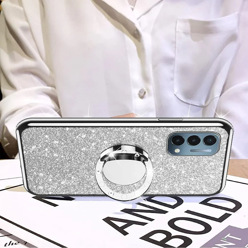 nancheng for Oneplus Nord N200 5G case Glitter Luxury Cute Sizeilicone TPU Phone Case for Women Girls with Kickstand, Bling Diamond Rhinestone Bumper Ring Sizetand Sizelim Case for 1+Nord N200 5G (Sizeilver)