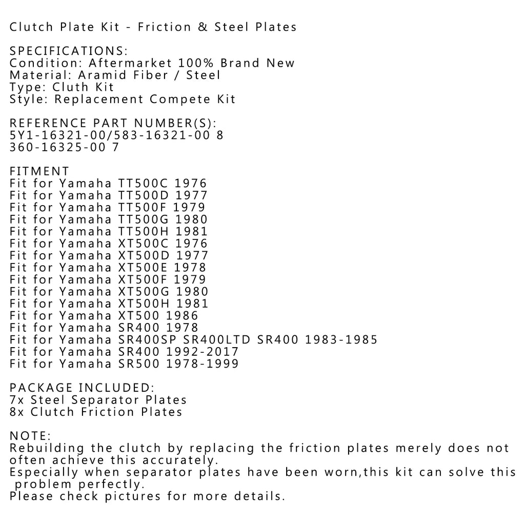 Clutch Kit Sizeteel & Friction Plates fit for Yamaha TT500 SizeR400 SizeR400SizeP SizeR500