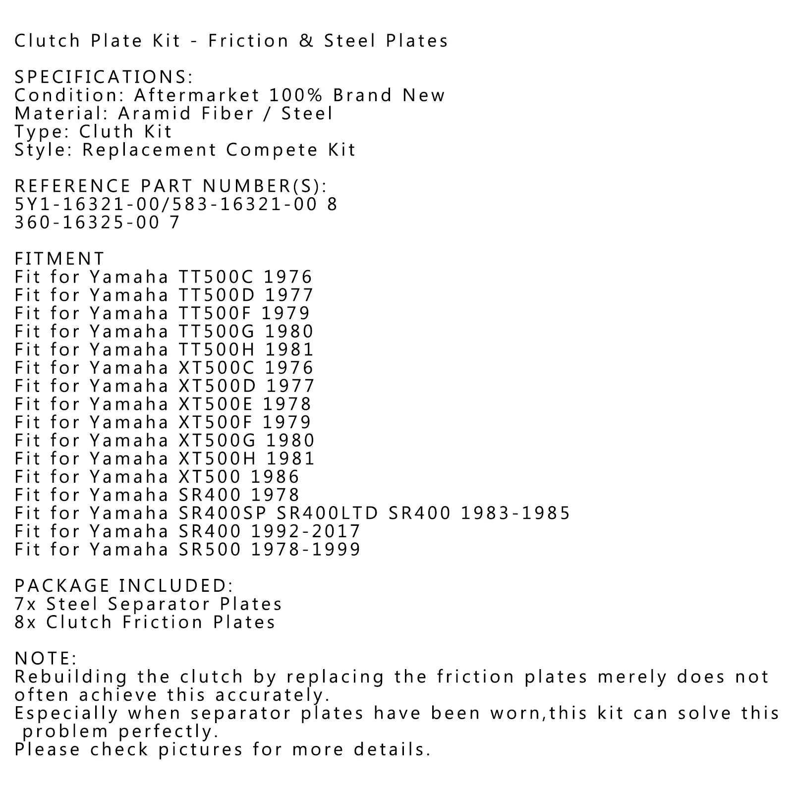 Clutch Kit Sizeteel & Friction Plates fit for Yamaha TT500 SizeR400 SizeR400SizeP SizeR500