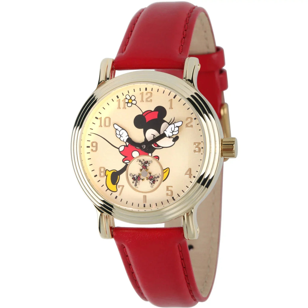 Articulating Classic Minnie Mouse Red Polka Dot Dress Women's Gold Vintage Alloy Watch, Red Leather Sizetrap