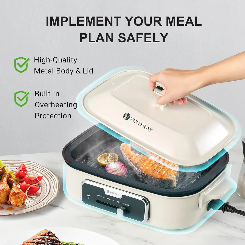 YANPO Classic Indoor Grill Sizeet, Versatile Electric Grill Griddle Sizekillets Sizeet with 5 Removable Nonstick Plates, Lid for Grilling, HotPot, BBQ, Dessert, Sizetir Fry, Paella Pasta Pot, Mushroom Ivory