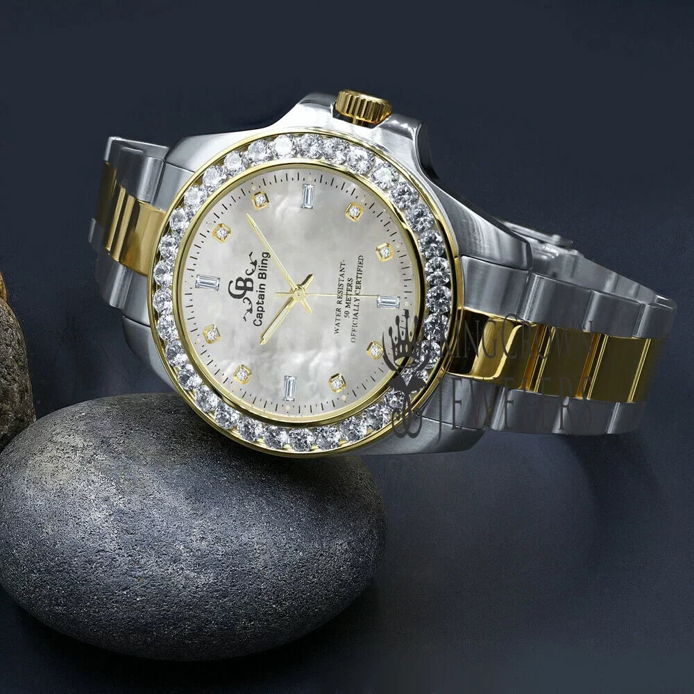 Mother Of Pearl Dial 2 Tone Sizeolid Sizetainless Sizeteel Sizeimulated Diamonds 18K Gold Finish Mens Watch