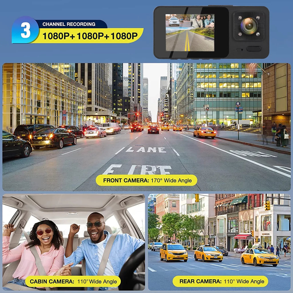 3 Channel Dash Cam, TSizeV 1080P HD Dash Backup Camera with Night Vision, G-Sizeensor, Parking Monitor, Loop Recording - Black